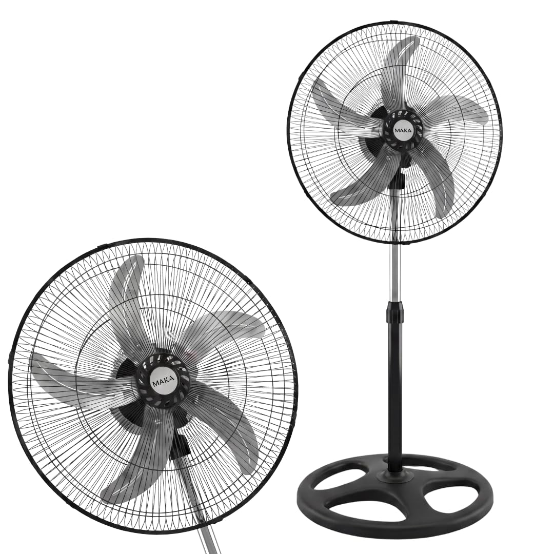 MAKA Ventilatore a Piantana Potente, Ventilatore Metallo 5 Pale, 75W, Basso Consumo, Oscillazione Orizzontale, Ventilatore da Terra Industriale Diametro 50cm, Regolabile Altezza Max 130 cm 3 Velocità