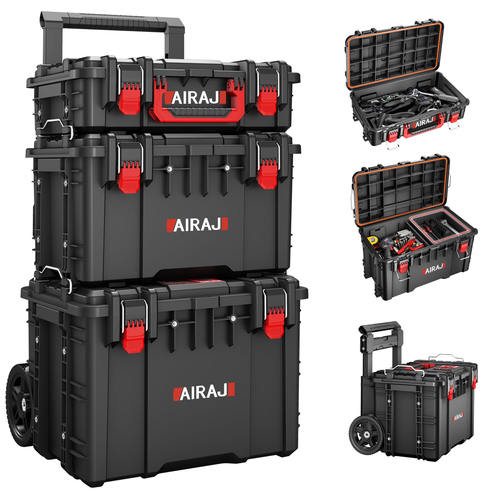 AIRAJ Tool Box on Wheels Heavy Duty, Waterproof Tool Box,Modular Tool Storage System,7.5-Inch All-Terrain Casters,Telescopic Pull Rod Handle,3 Tier Stackable Rolling Tool Boxes for Hand/Power Tools
