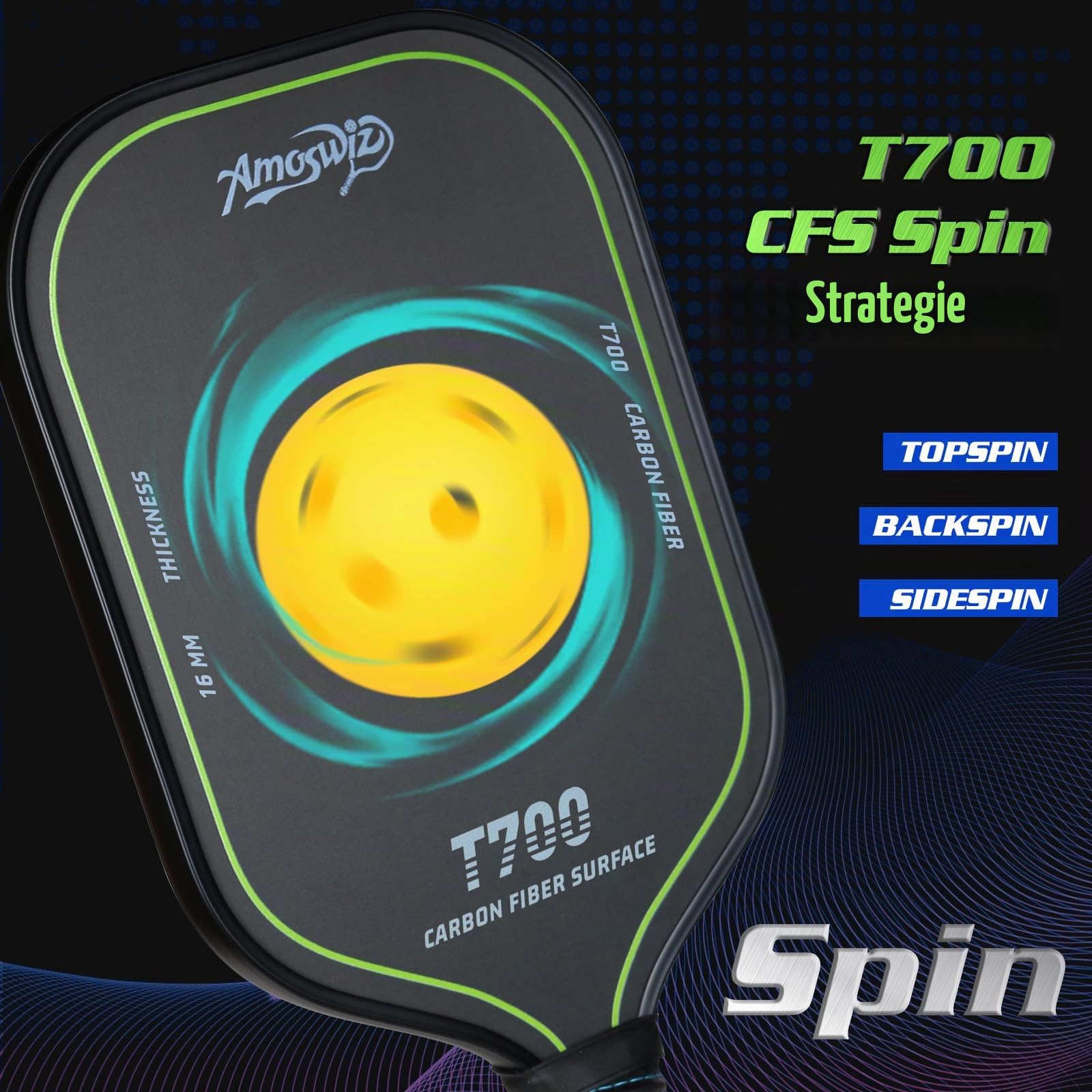 Pickleball-Paddel aus Kohlefaser, T700 Carbon-Pickleball-Paddel, 16 mm, strukturierte Oberfläche für Porfessions- und Fortgeschrittene Spieler