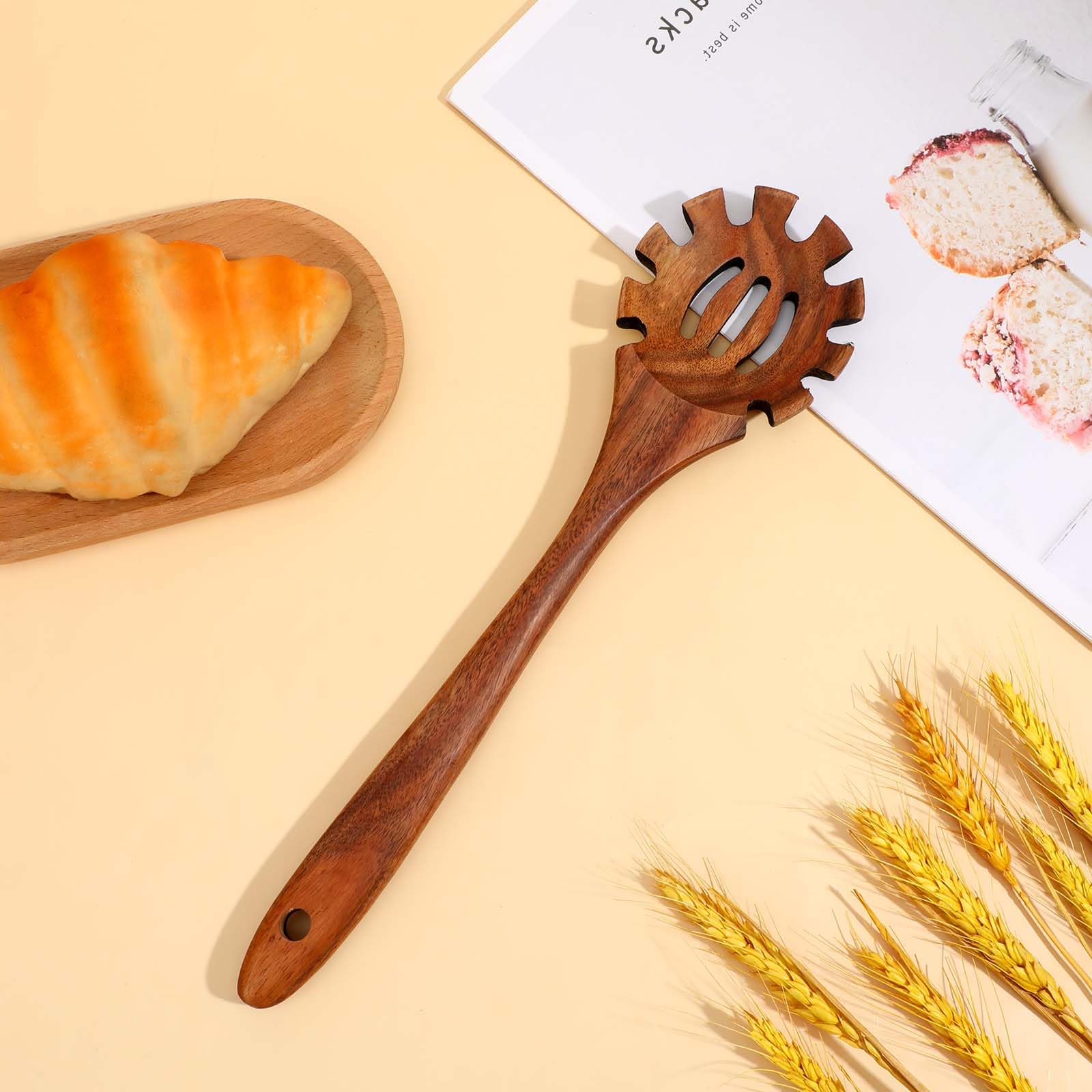 JJUNW Tenedor para pasta, tenedor de espagueti, cuchara de madera para pasta, juego de utensilios de cocina, cucharas de madera para cocinar pasta de mano larga, utensilios de madera de acacia para