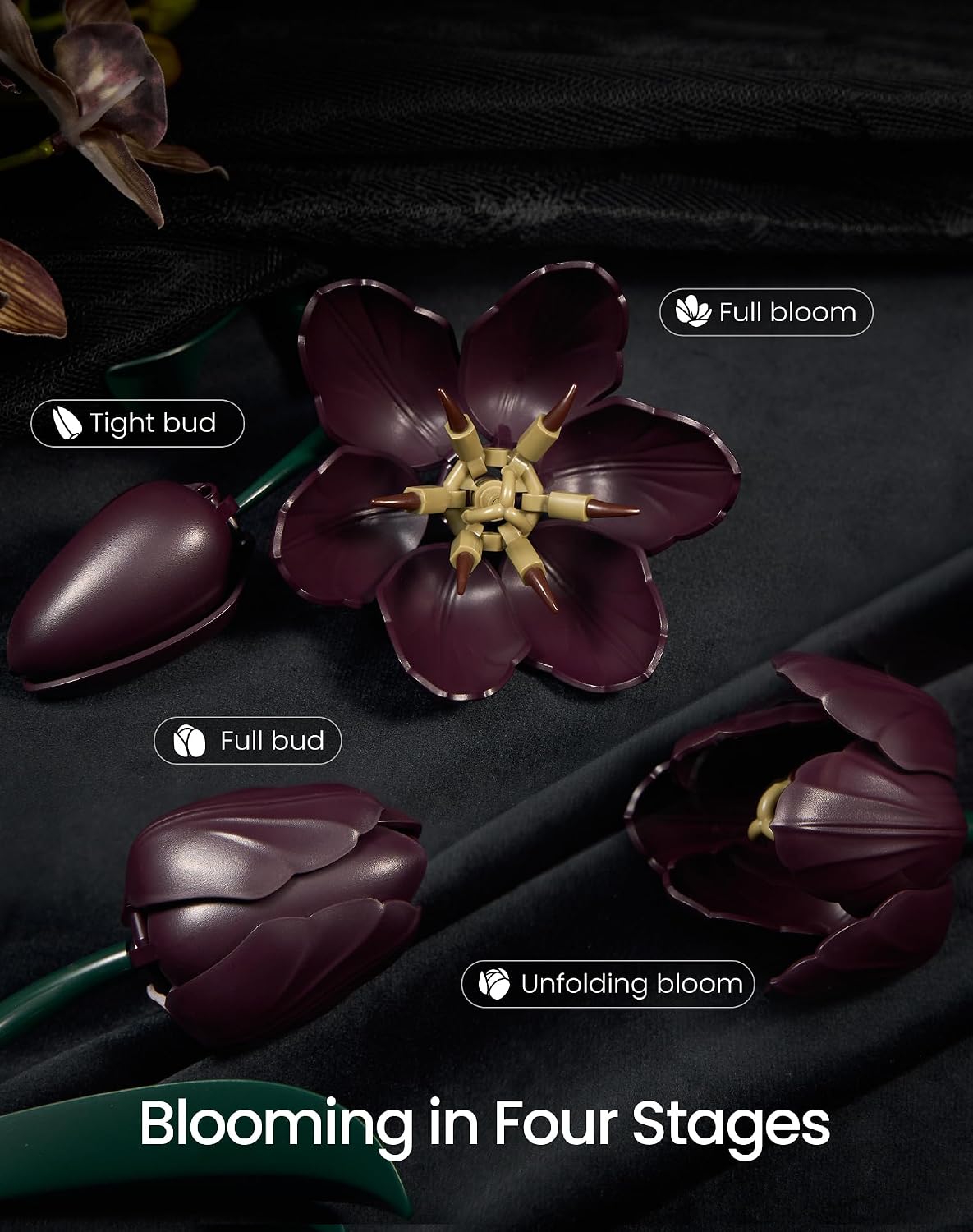 Dark Purple Tulip Flowers Building Set, Gift for Mother's Day, Artificial Plant Bouquet Botanical Collection Building Kit, Home Room Table Decoration Blocks Toys for Adult Women Girlfriend