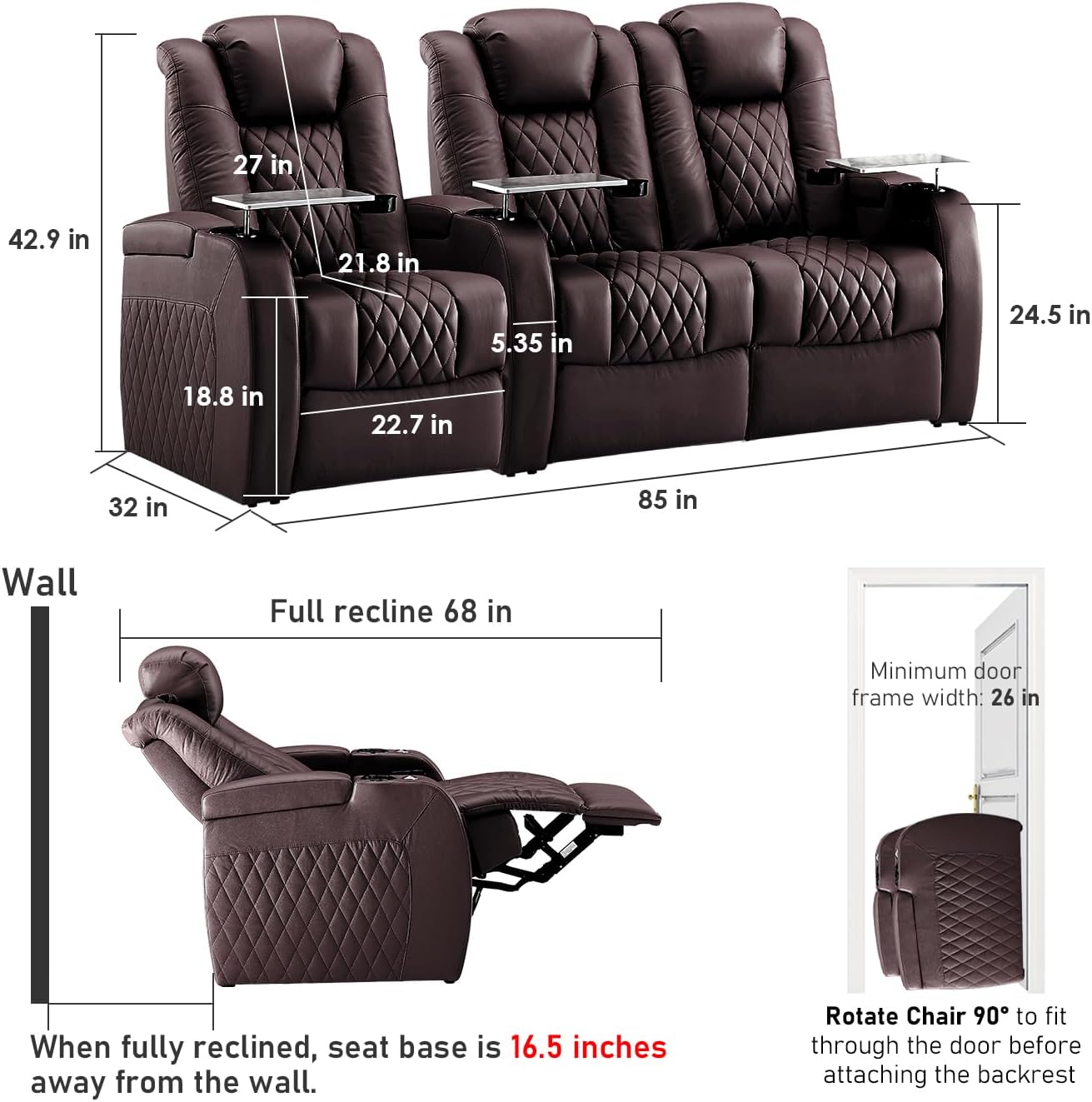PBRO Home Theater Seating Genuine Leather Recliner Chair, Power Reclining & Headrest, USB A/C Charging Ports, Tray Table, Cup Holder Ambient Lighting Brown Row of 3 Loveseat Right