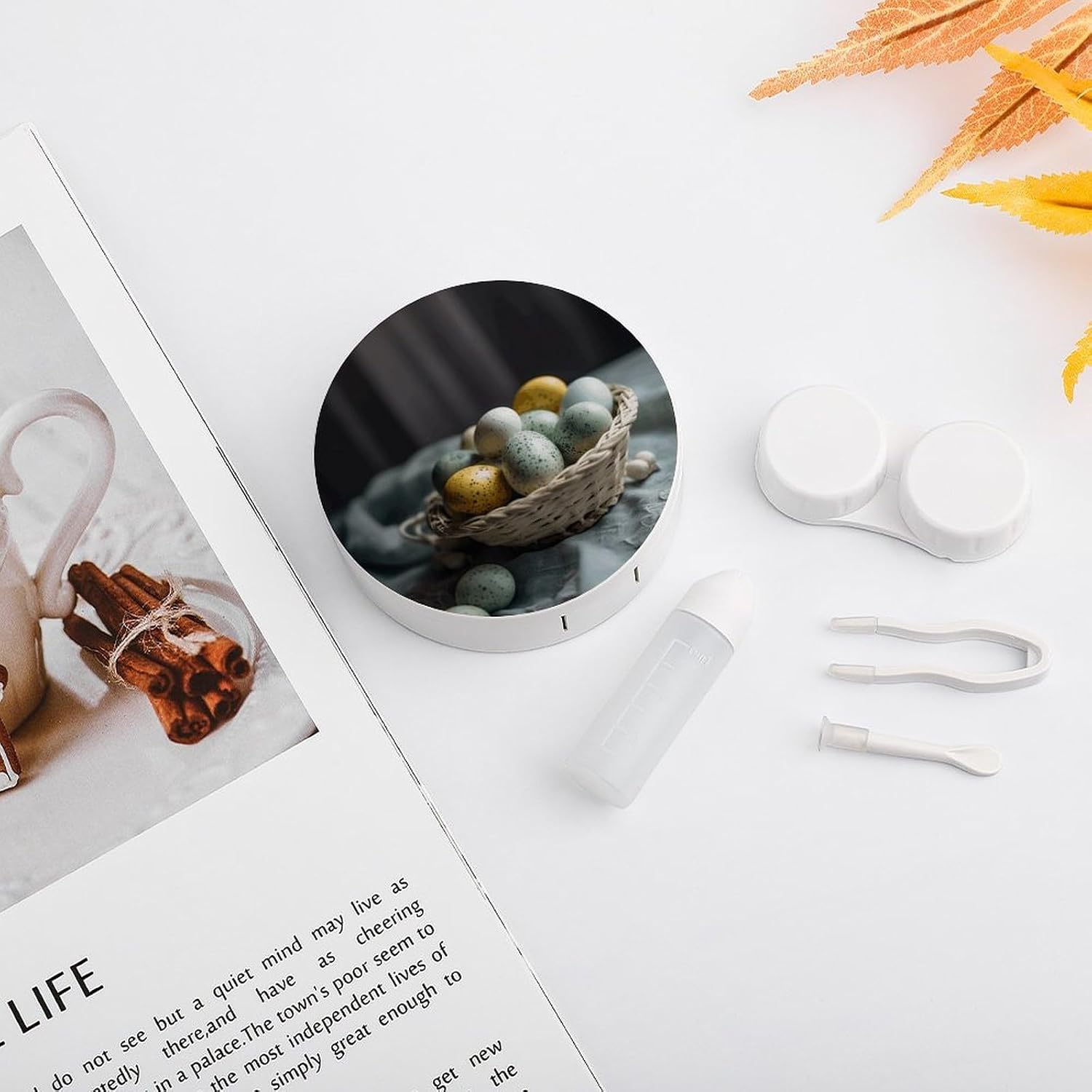 Easter Egg Basket Contact Lens Case Portable, Eyeglasses Case with Built-in Mirror, Contact Lens Box with Tweezers And Solution Bottle for Daily Outdoor (Round)