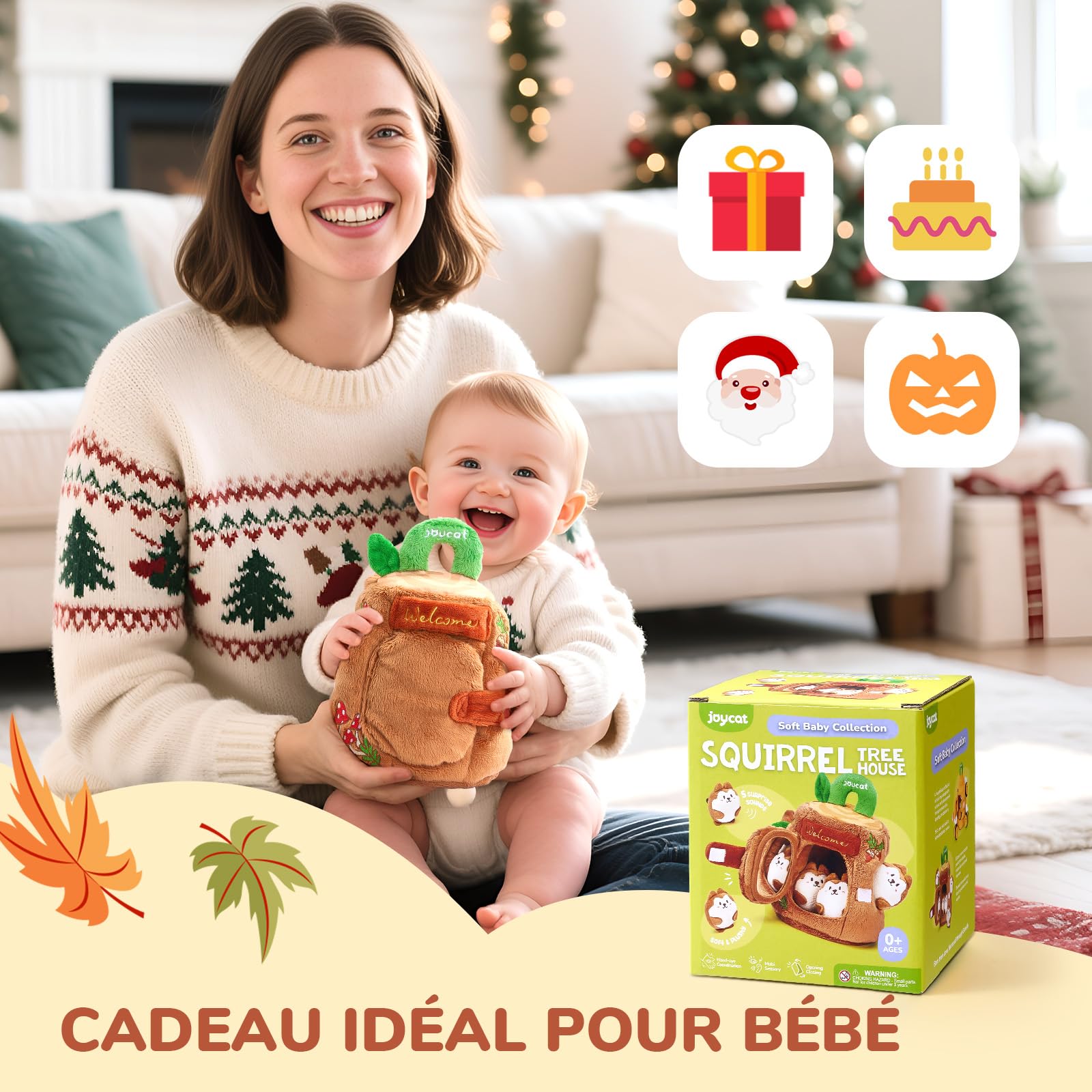 JoyCat Jouet Bebe 6-12 Mois, Cabane en Peluche avec 5 Écureuils, Hochet, Miroir, Jouet Sensoriel Montessori Bébé 6 Mois, Cadeau Bebe Enfant Garçon et Fille 1 an