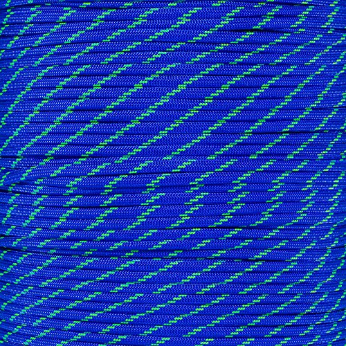 Paracord Planet 20 Foot Hanks of 550 Type III 7 Strand Paracord (Electric Blue w/ 3 Neon Green Tracers 20 Feet)