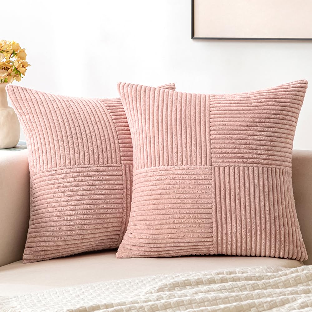 MIULEE Pink Corduroy Pillow Covers Pack of 2 Boho Decorative Spliced Throw Pillow Covers Soft Solid Couch Pillowcases Cross Patchwork Textured Cushion Covers for Living Room Bed Sofa 18x18 inch