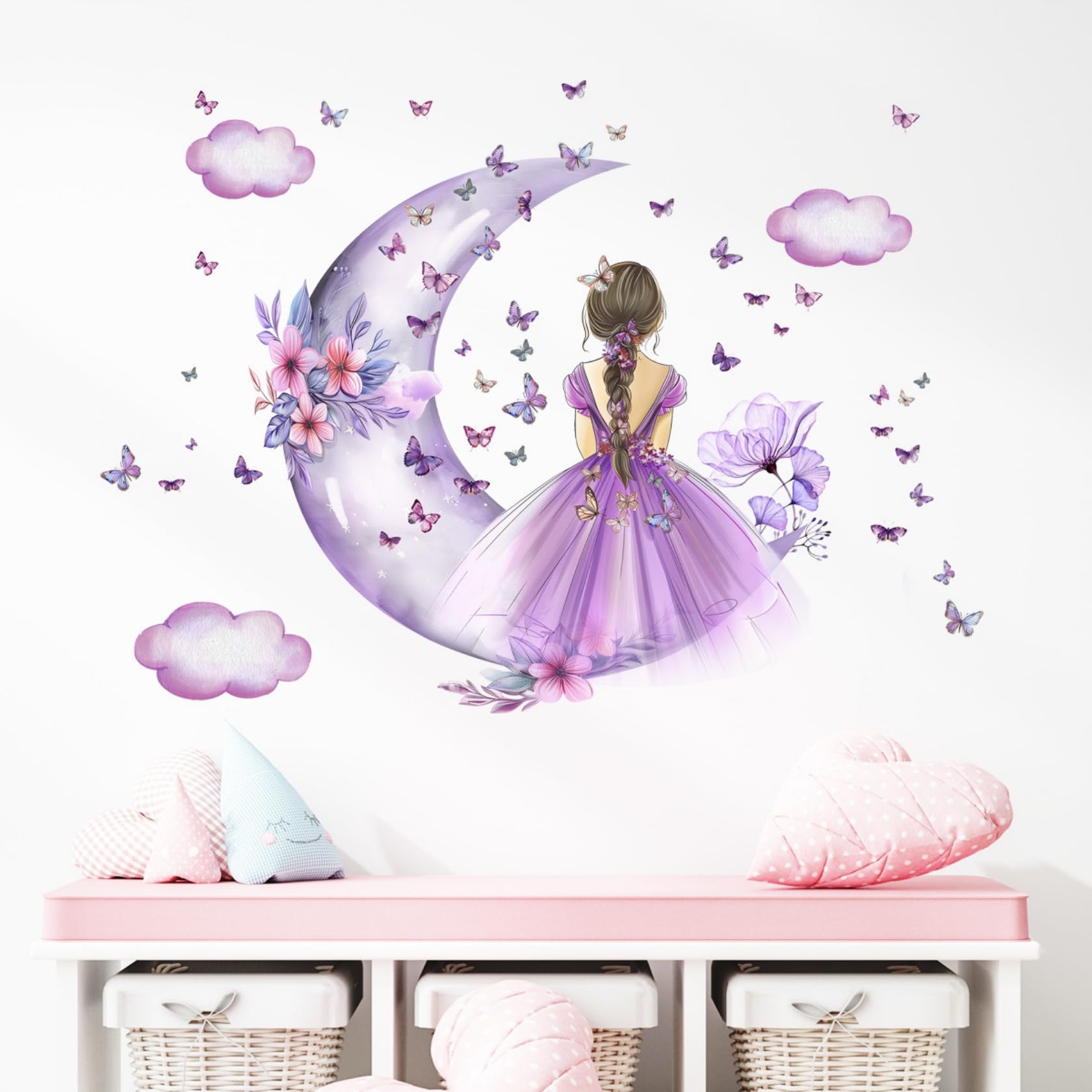 Lekabee Butterfly Girl Wall Sticker,Moon Clouds Flower Fairy Wall Decal,Floral Wall Mural Butterflies Wall Art for Girls Baby Nursery Bedroom Playroom-Purple - Image 2