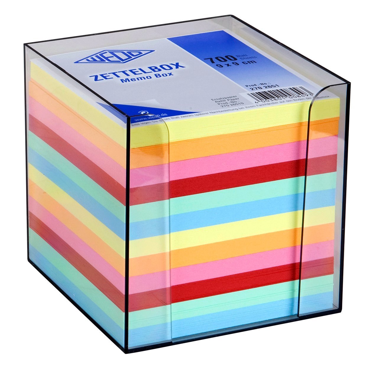 Wedo 2702651 Zettelbox Kunststoff (9 x 9 cm, rauchglas gefüllt, circa 700 Blatt, 6 farbig) (6, Zettelbox)