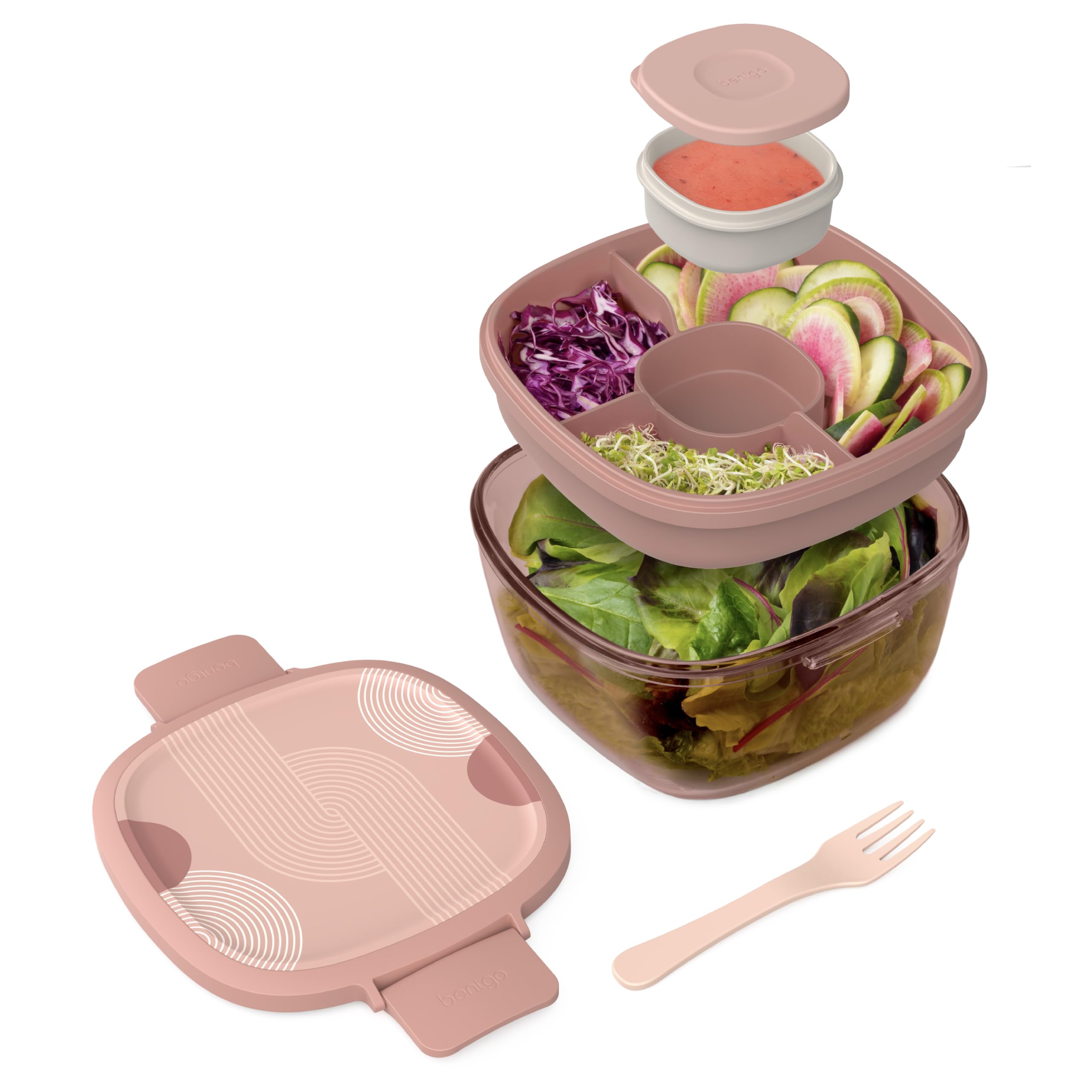 Bentgo Glass Prints All-in-One Salad Container - 61oz Tinted Glass Salad Bowl with Lid, Bento-Style Tray, Sauce Container, & Reusable Fork - Dishwasher & Microwave Safe (Mod Curve - Desert Rose)