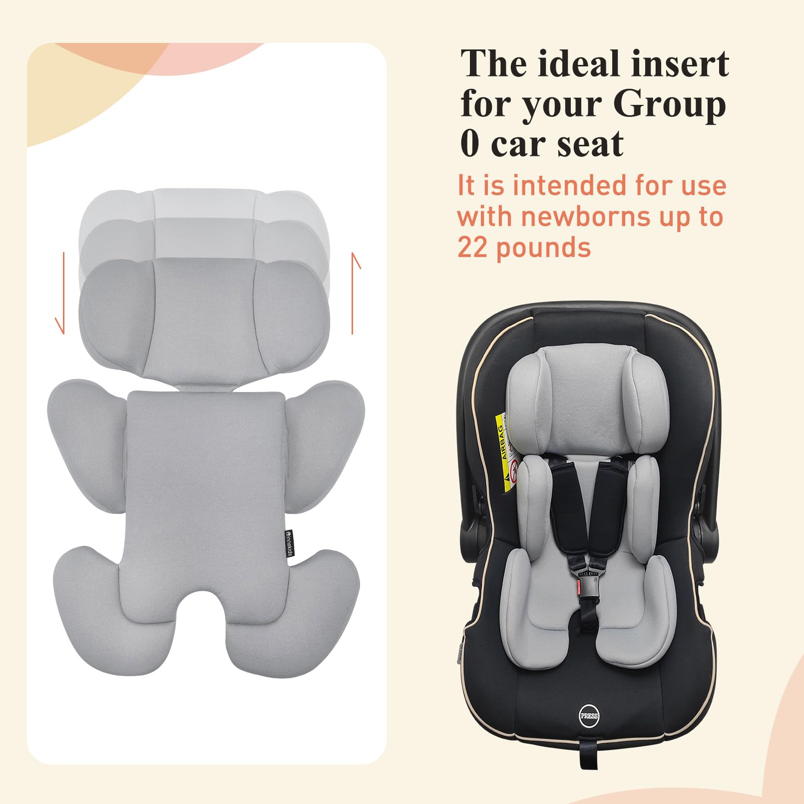 Innokids inserto per seggiolino auto per neonati, morbido e imbottito, supporto per la testa rimovibile e supporto laterale per seggiolini auto, passeggini, altalene (grigio chiaro)
