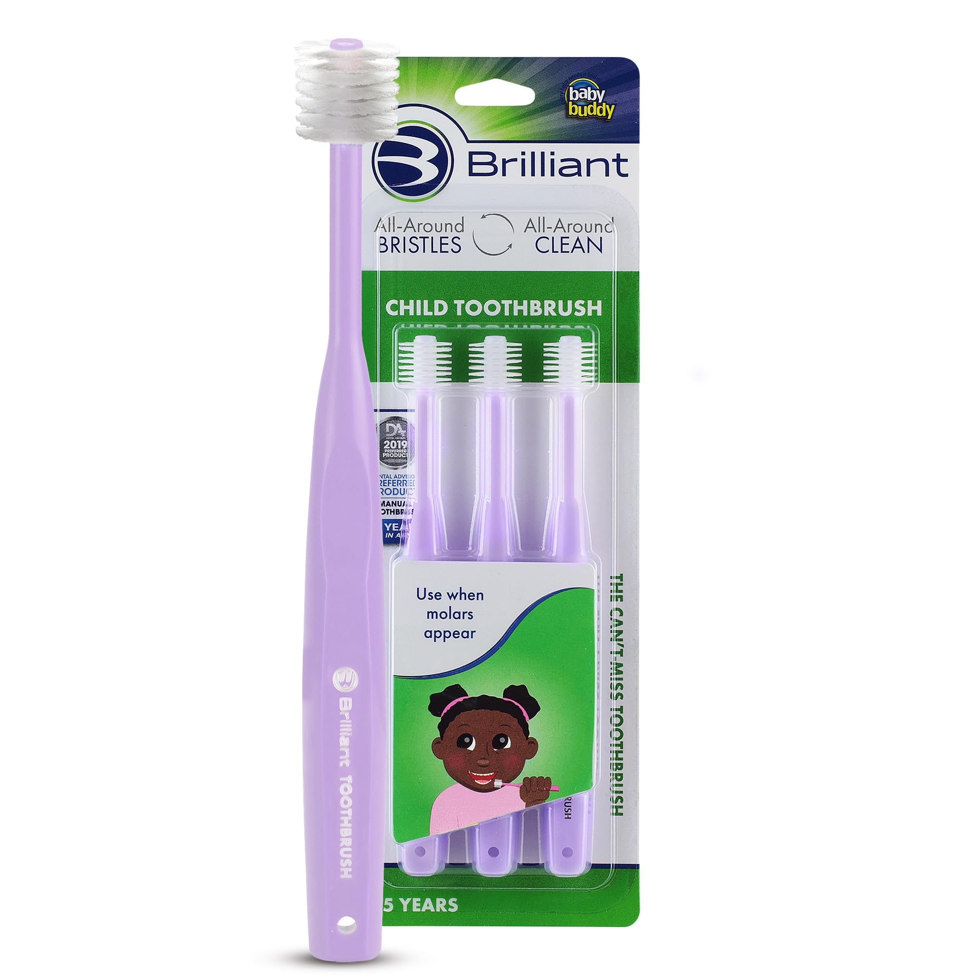 Brilliant Oral Care - Cepillo de dientes infantil con cerdas suaves y cabeza redonda, aprobado por niños, fácil de usar, boca limpia, edades de 2 a 5 años, lila, paquete de 3
