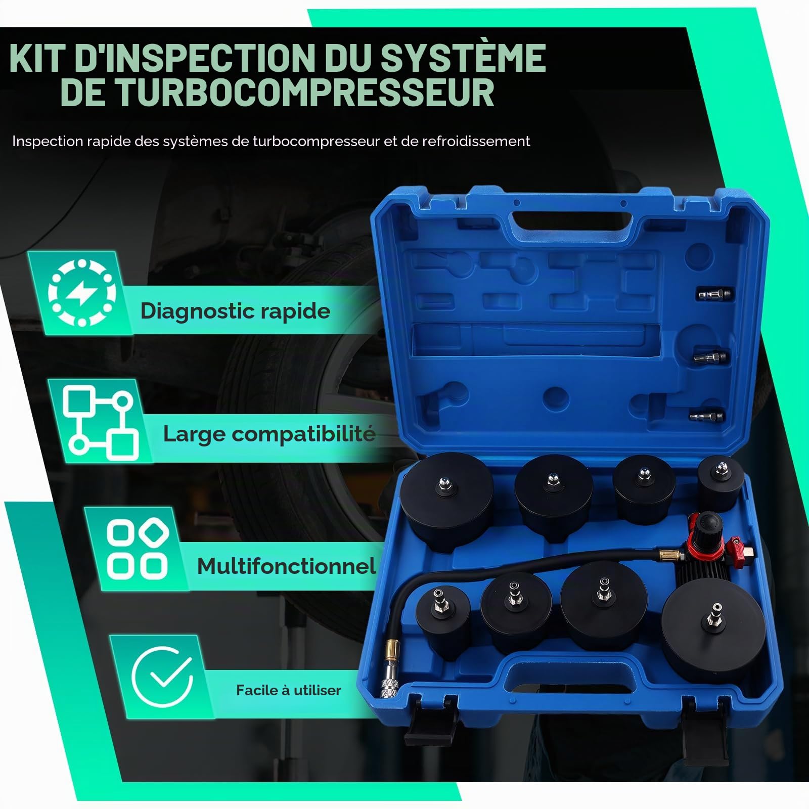 9 Pièces Testeur Fuite du Système Turbo, Kit de Test d'étanchéité de Pression de Suralimentation, Testeur d'étanchéité de Pression de Suralimentation pour Système de Refroidissement avec Manomètre