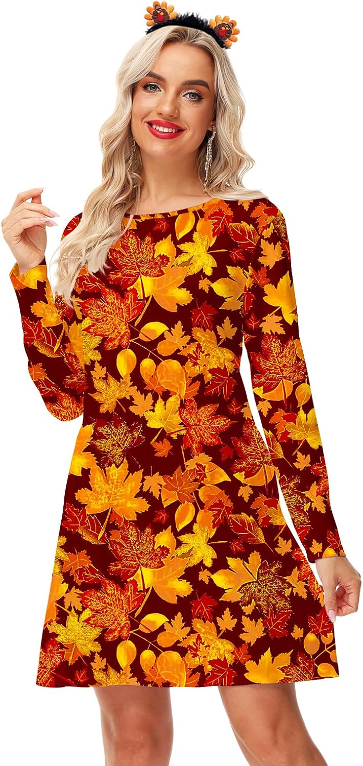 Deerose Women Thanksgiving Dress Long Sleeve Turkey Graphic Thankful Outfits