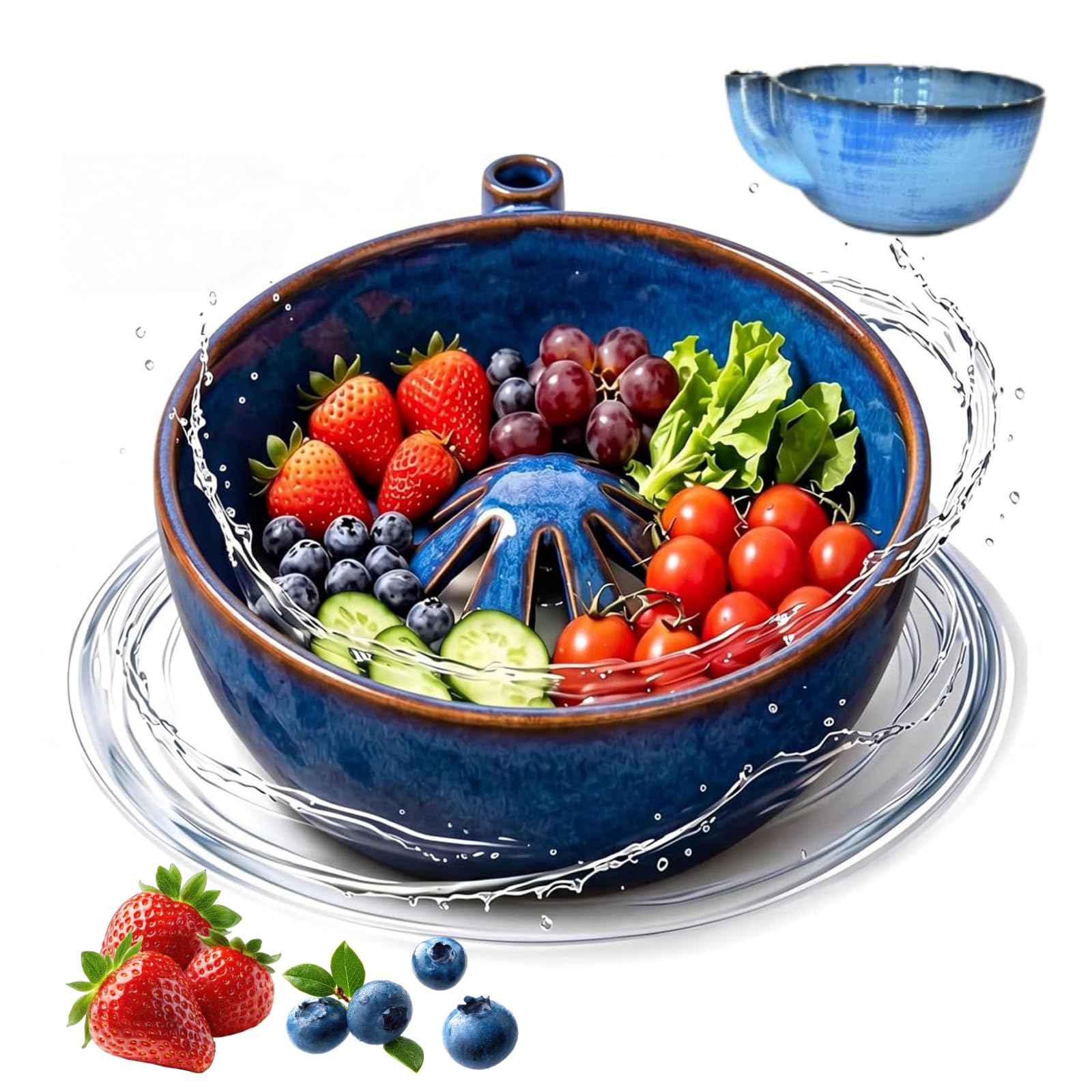 2026 New Self Spinning Berry Bowl, Automatic Rotating Fruit Washer with Drain Holes, Water Vortex Quick Rinse Colander for Berries Vegetables Small Fruits Kitchen Serving Bowl (Blue)