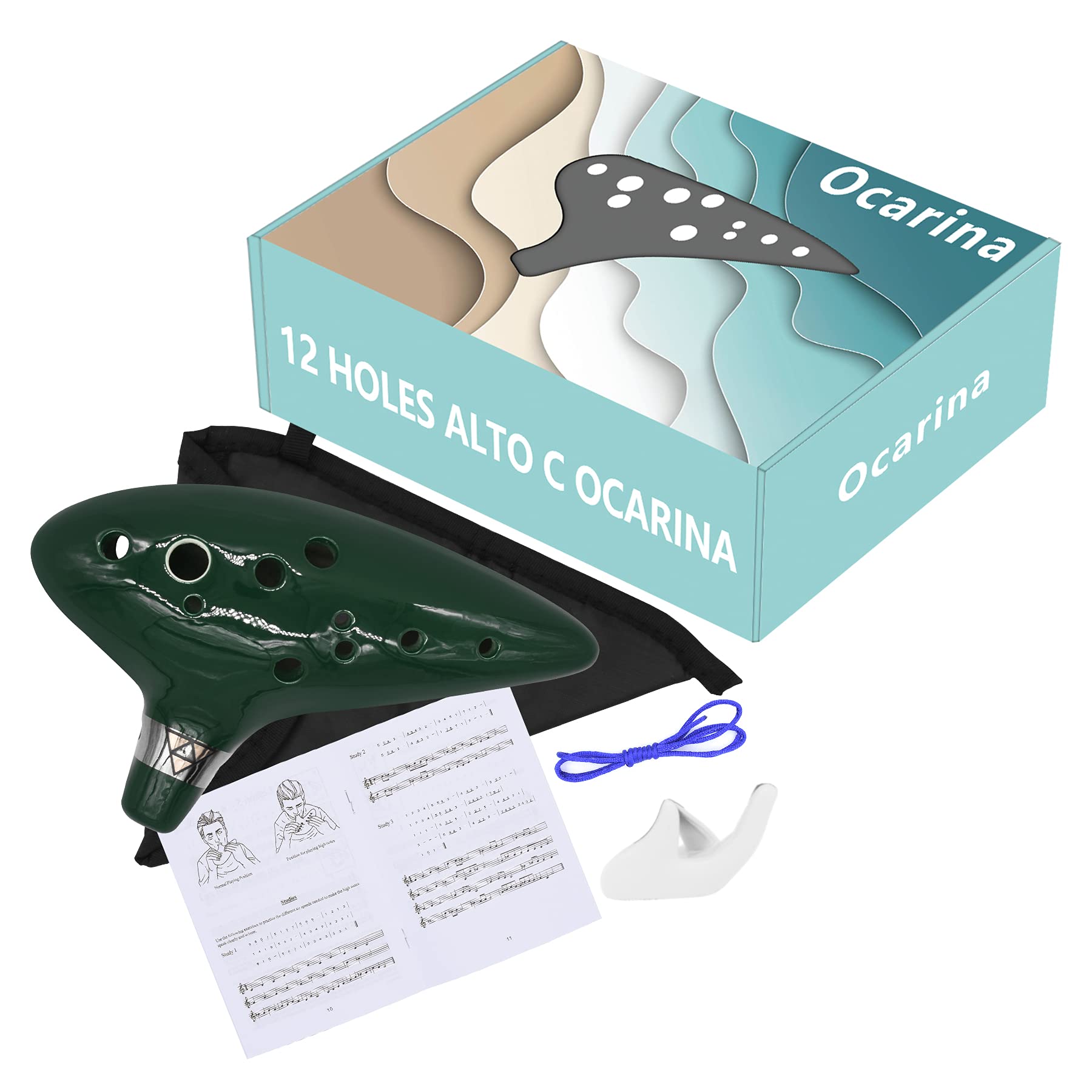 Legend of Zelda ocarina Do alto de 12 agujeros, diseño de patrón agrietado, con libro de texto y bolsa protectora, perfecta para principiantes y actuaciones profesionales (verde oscuro)