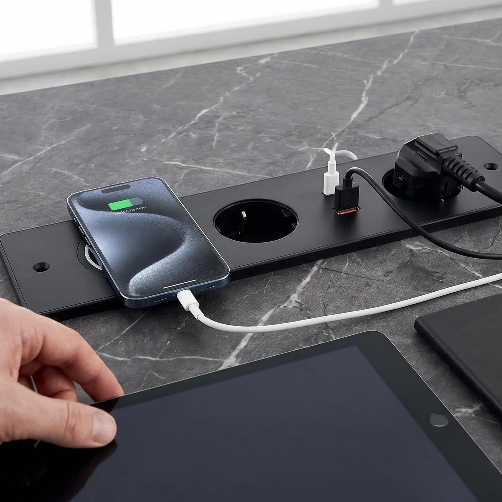 Wysuwane gniazdo wtykowe z 2 gniazdami USB C PD, 20 W i 15 W, bezprzewodowe ładowanie, do zabudowy, do biura, kuchni, kolor czarny, kabel 1,5 m