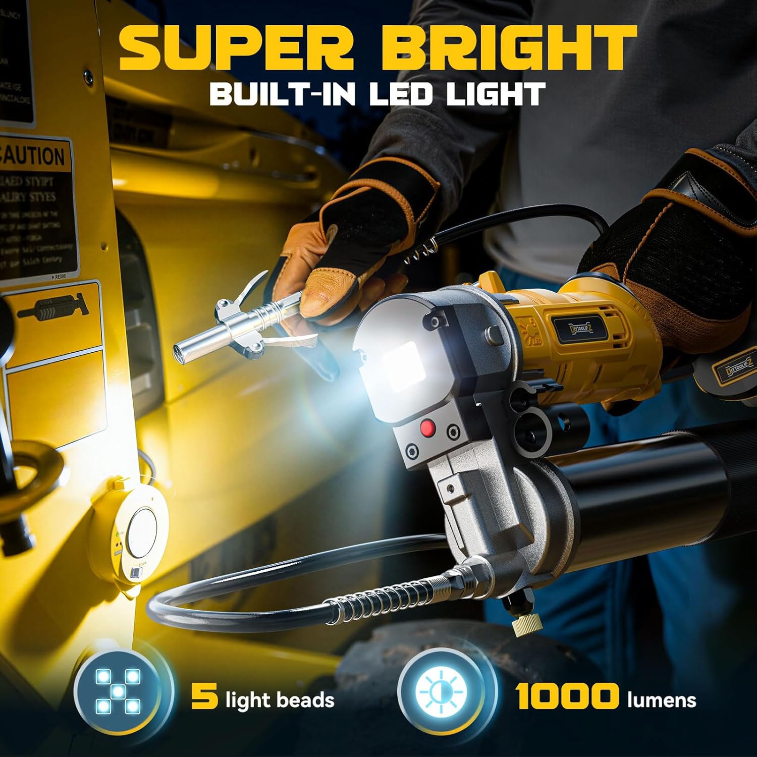 The cordless grease gun and its accessories neatly organized within a custom-fitted hard carrying case.