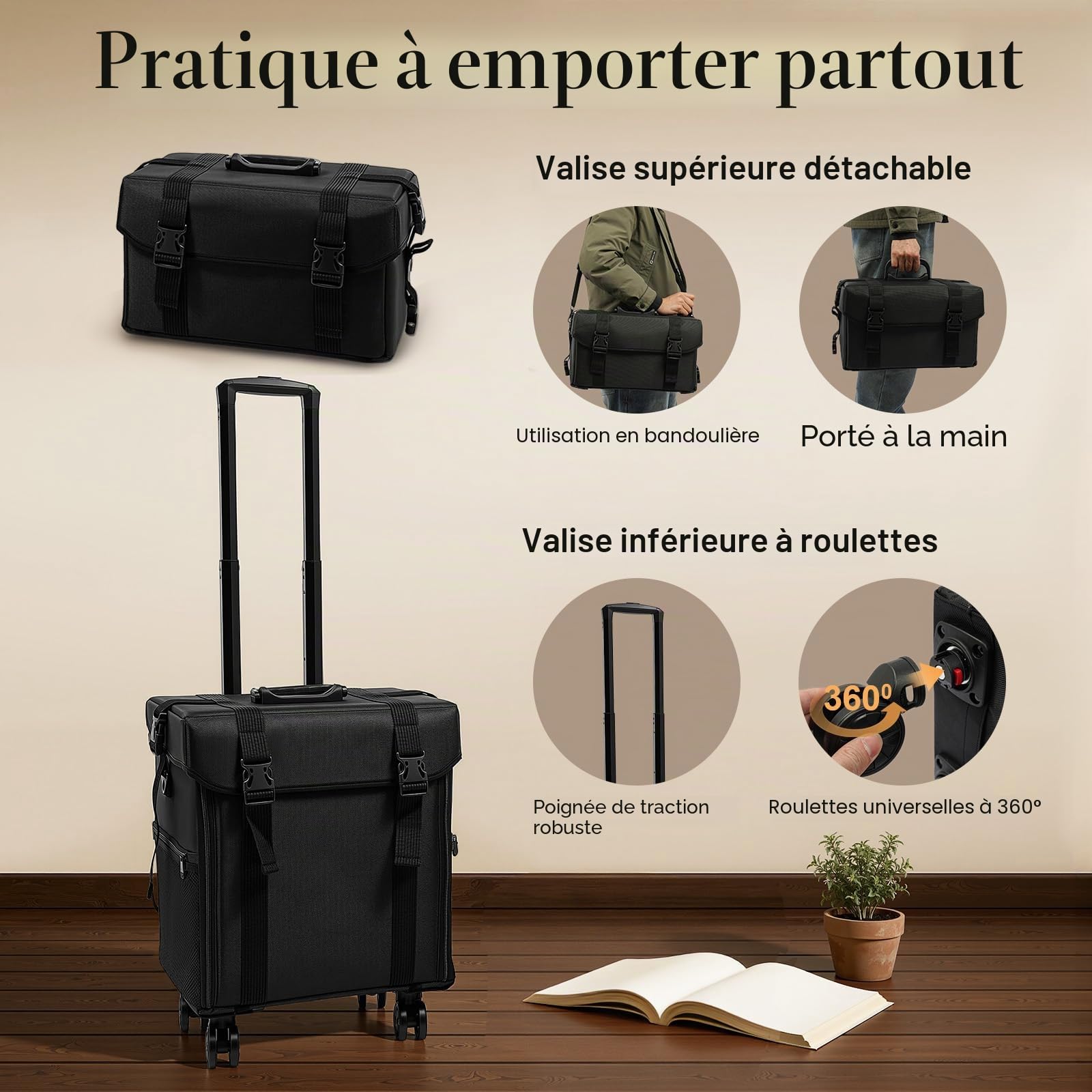 Mallette de maquillage 2 en 1 - Amovible - Avec roulettes et timon - 8 tiroirs - Pour coiffeur, maquilleur et manucure - Noir, Noir , Valise à roulettes 2 en 1