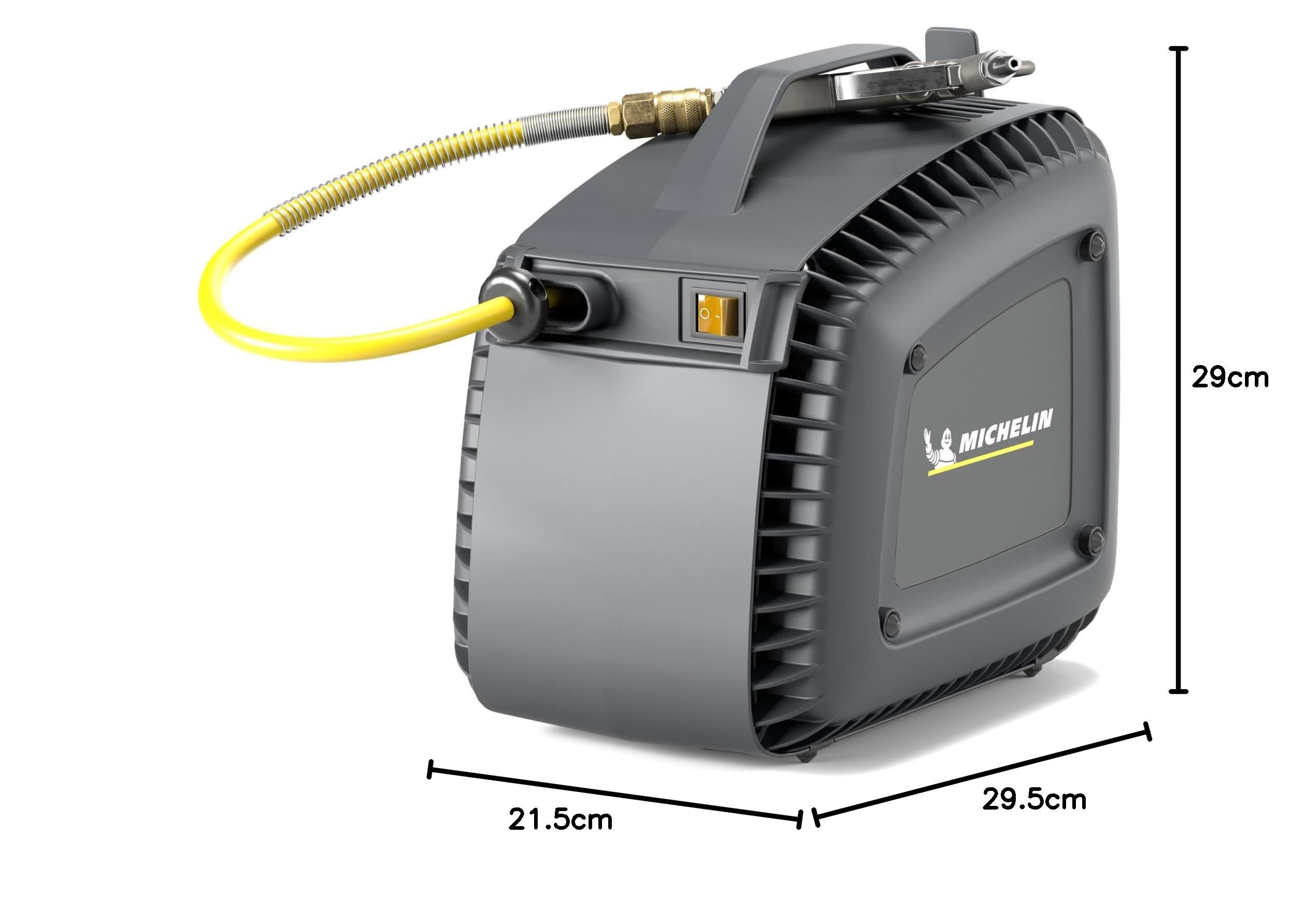 MICHELIN - CA-MBL-GO2 - Compresor Aire Monoblock 1.5HP - Con Enrollador Automático de Manguera 10m - Pistola Sopladora Incluida - 160 l/min 8 BAR - Sin Aceite - Soporte de Pared Plug & Play