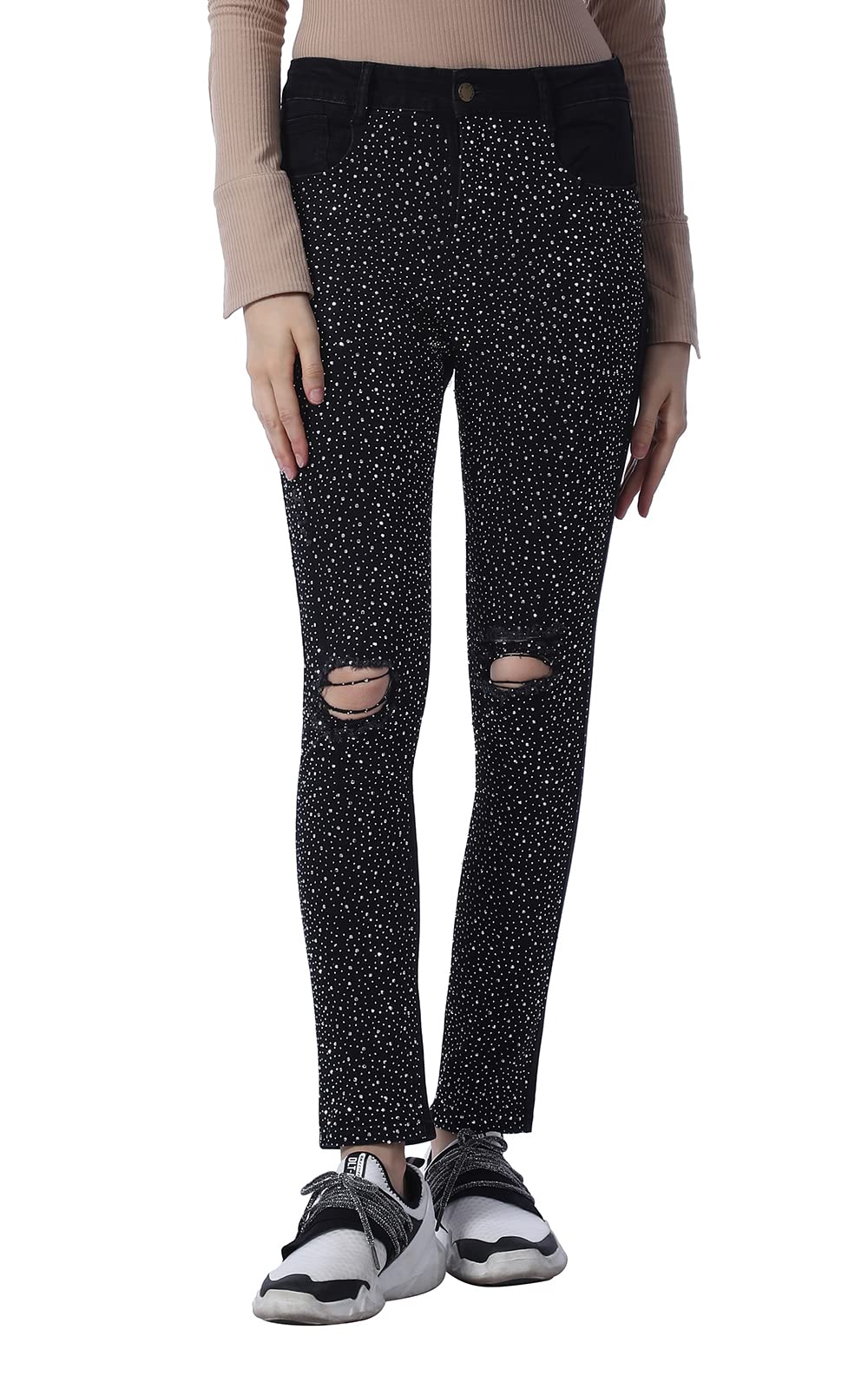 Photo 1 of Full Rhinestone Mid Waist Ripped Skinny Jeans Ladies Curve Waist Hot Drill Pants Slim Soft Stretch Jeans Black-medium