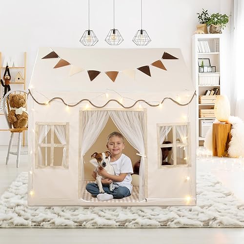 Miniatura 5 de Tienda de campaña para niños, casa de juegos grande con alfombra, cuerda de estrella, bandera, lavable a máquina, tienda de campaña para interiores