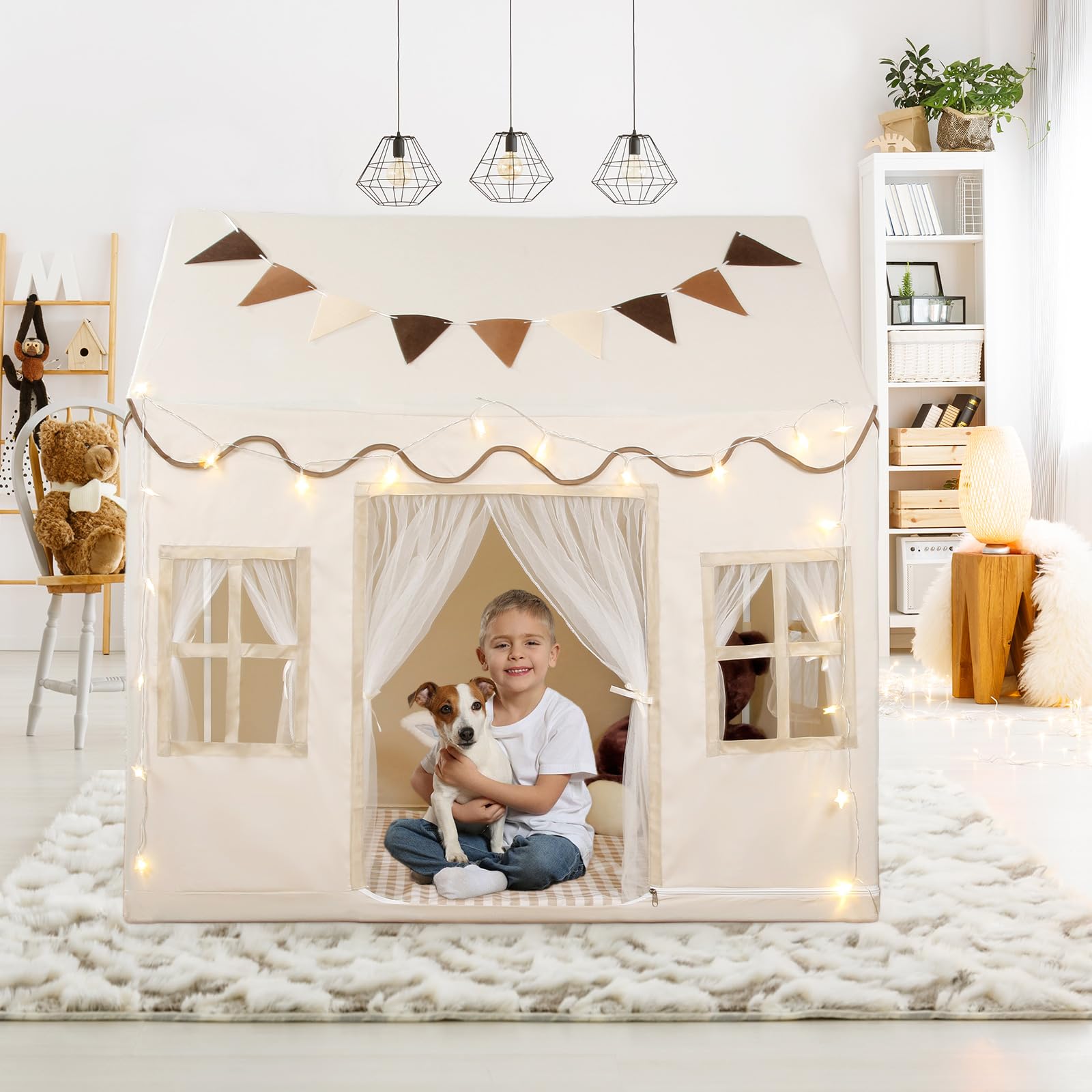 Tienda de campaña para niños, casa de juegos grande con cuerda de estrella, bandera, lavable a máquina, tienda de campaña para interiores y exteriores para niños, niñas y niños de 3 años en 5