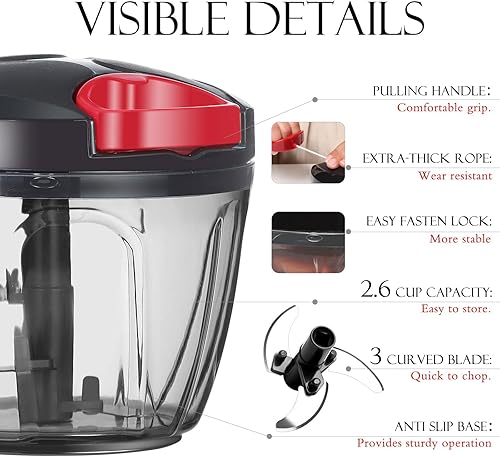 Miniatura 3 de Ourokhome Procesador manual de alimentos, cortador de verduras, portátil, rápido y con cuerda, para pequeñas cocinas, para verduras, ajo, cebolla,