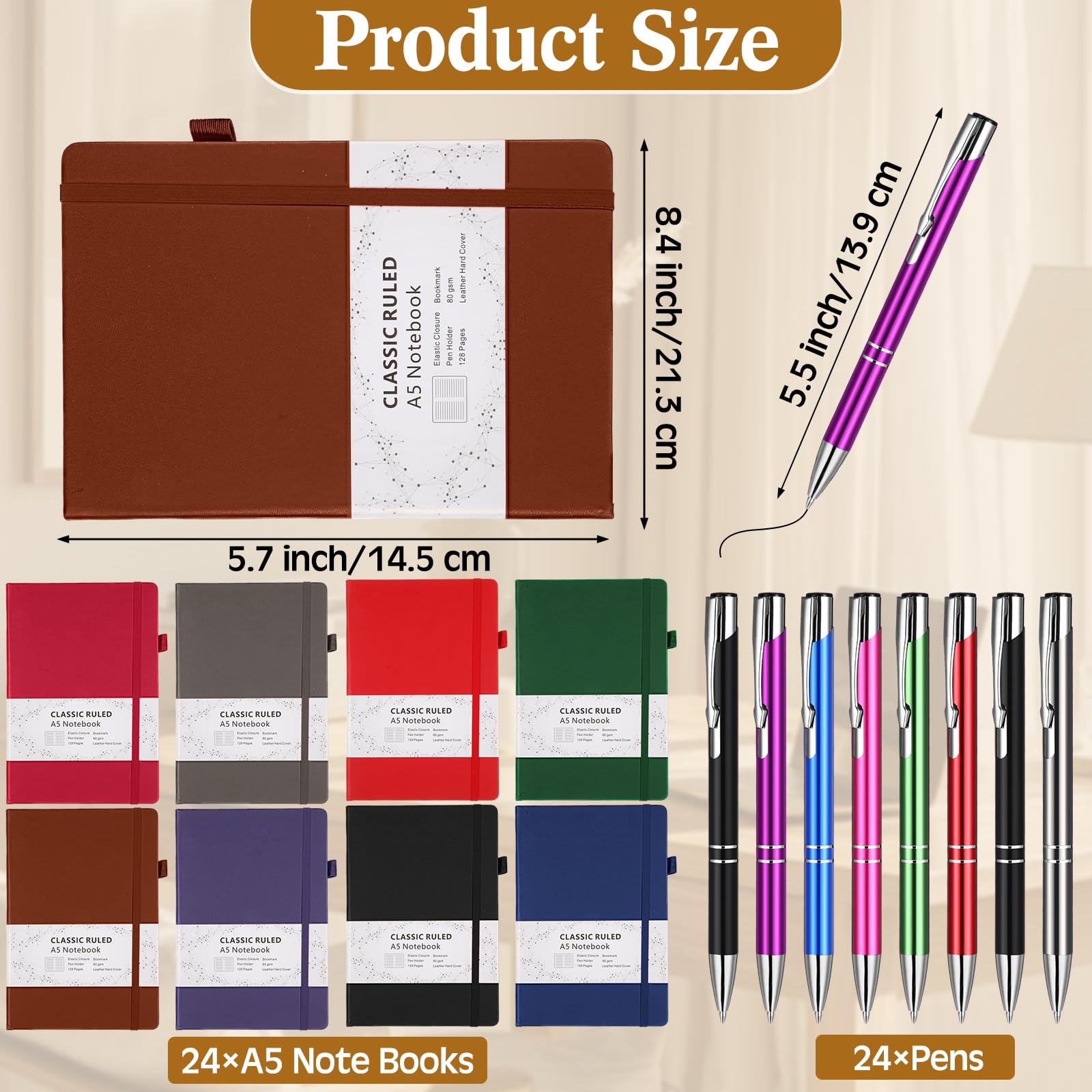 Dispowreath Set di 24 quaderni A5 con 24 penne, copertina rigida, a righe, classici, a righe, per lavoro, scuola, ufficio, viaggi d'affari, 128 pagine, 21 x 14 cm (multicolore)