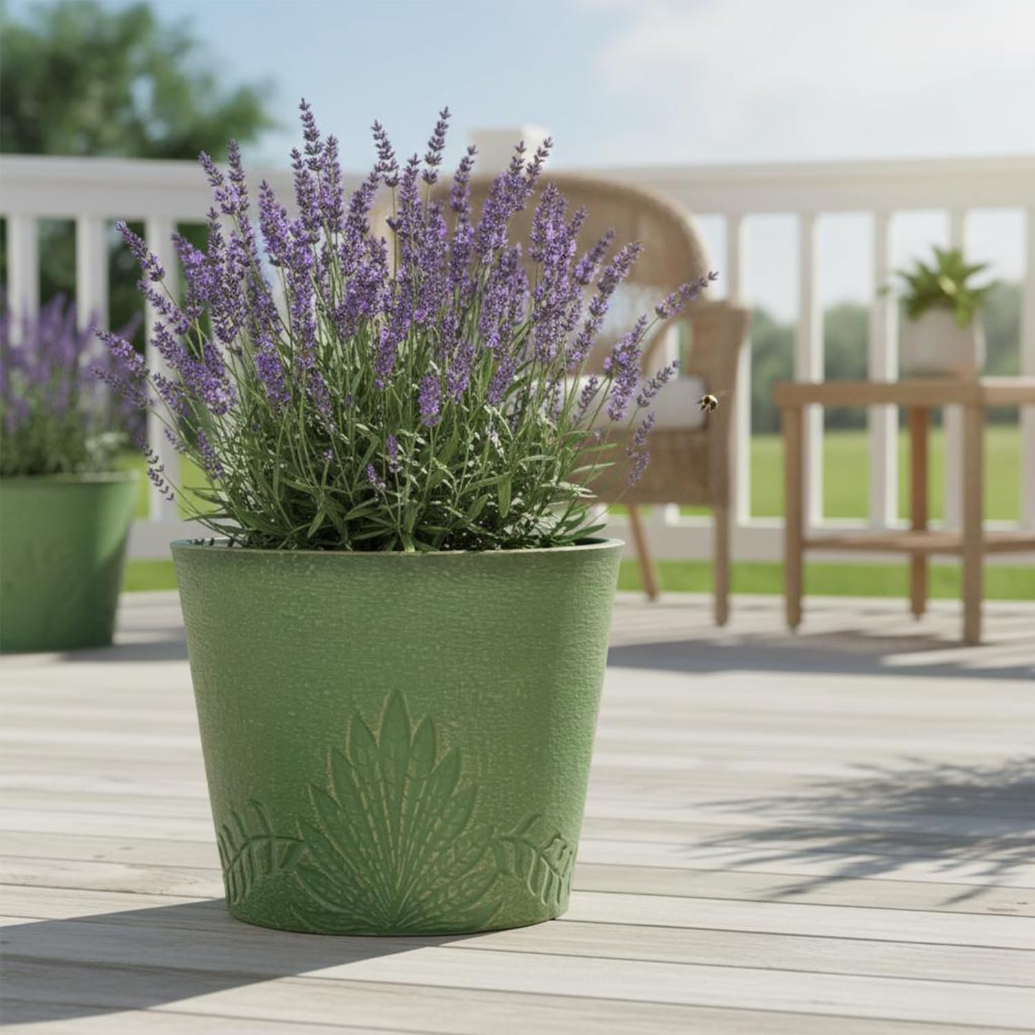GreenShip 15 inch Planters for Outdoor Plants, Large Indoor Outdoor Planters Set of 2, Recycled Resin & Stone Composite Relief Flower Pots, Weather Resistant Lightweight Garden Pots