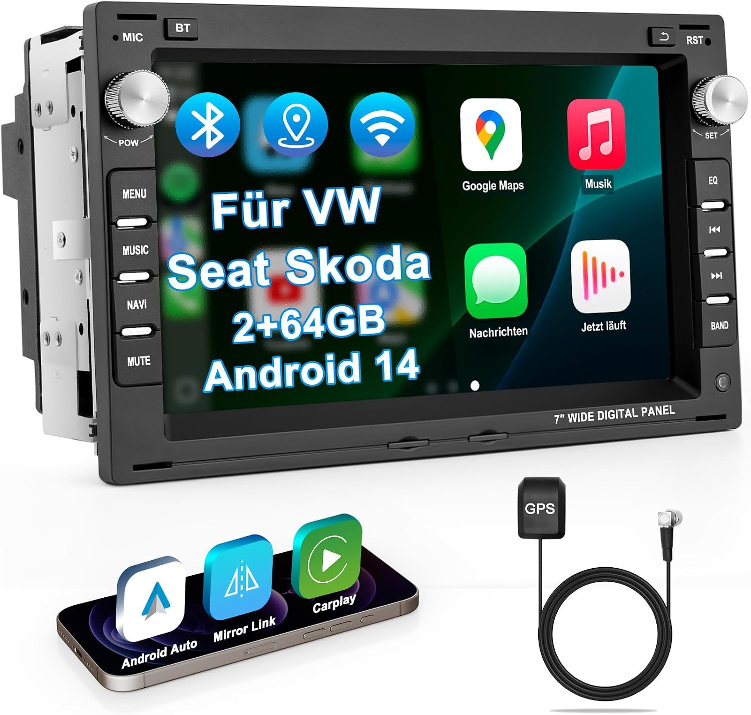 Car Radio with Screen 2 + 64G Bluetooth Radio for VW Golf 4 Polo 9N T5 Passat B5 Seat Skoda 2DIN 7 Inch Car Radio with Navigation DAB WLAN FM/AM Apple Carplay Android Car Steering Wheel Ctrl Android 14