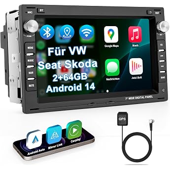 Car Radio with Screen 2 + 64G Bluetooth Radio for VW Golf 4 Polo 9N T5 Passat B5 Seat Skoda 2DIN 7 Inch Car Radio with Navigation DAB WLAN FM/AM Apple Carplay Android Car Steering Wheel Ctrl Android 14
