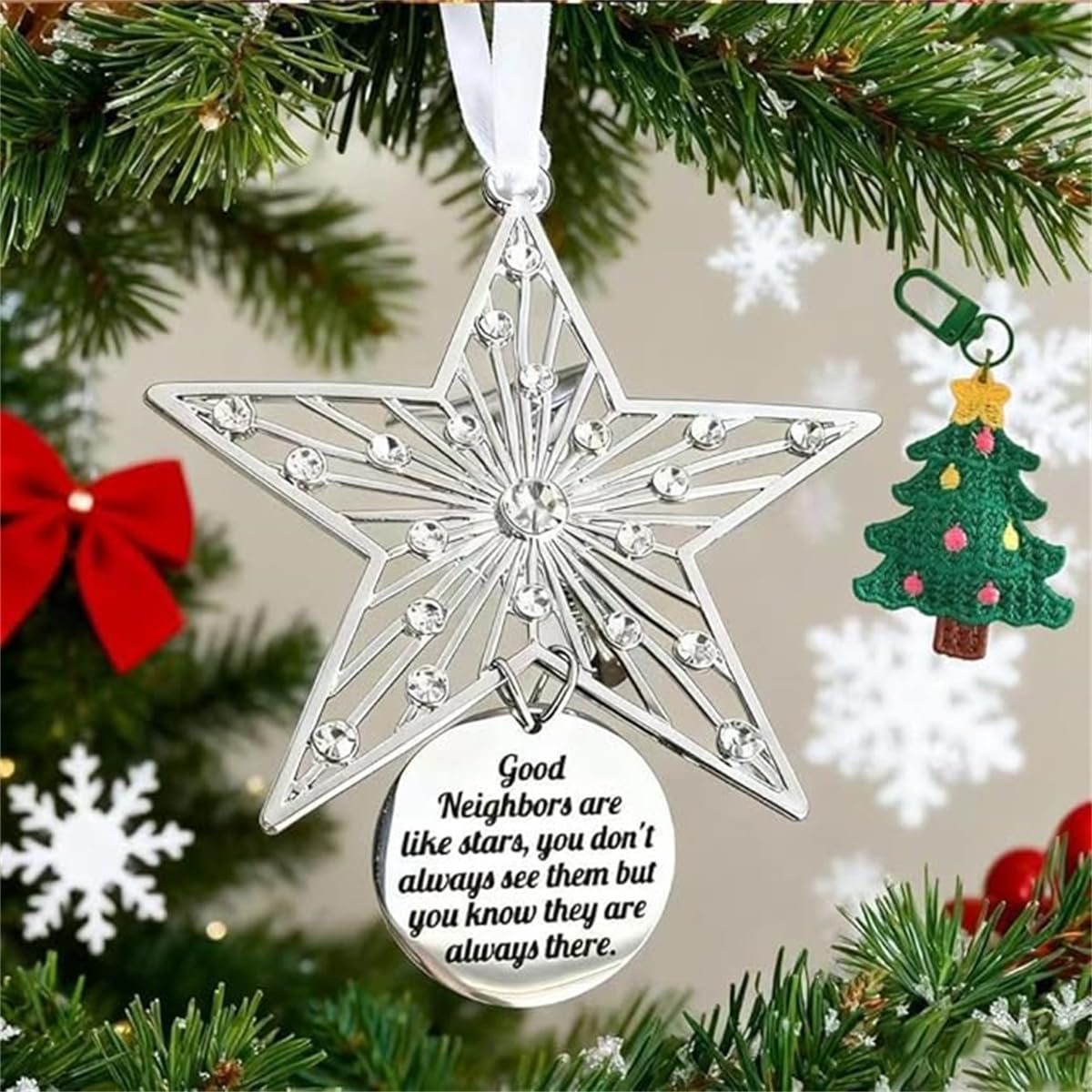 Good Neighbors are Like Stars – Christmas Hanging Ornaments, Metal Hanging Snowflake Decorations with Blessing Inscription, Gift Suitable for Friend Family Neighbors (1 Pcs)