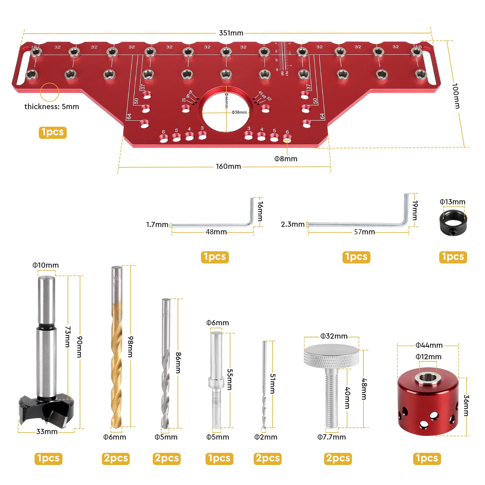 Guida di perforazione allineata 2-in-1 per spinotti e cerniere da 35 mm Guida in alluminio con punte da 5mm e 1/4 pollice, strumento ideale per fai-da-te e falegnameria (Modello lungo)