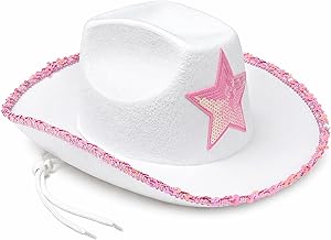 GiftExpress White Felt Cowgirl Hat with Pink Sequin Star, Country Themed Party Cowboy Dressup Play Costume Hat For Teens & Adults