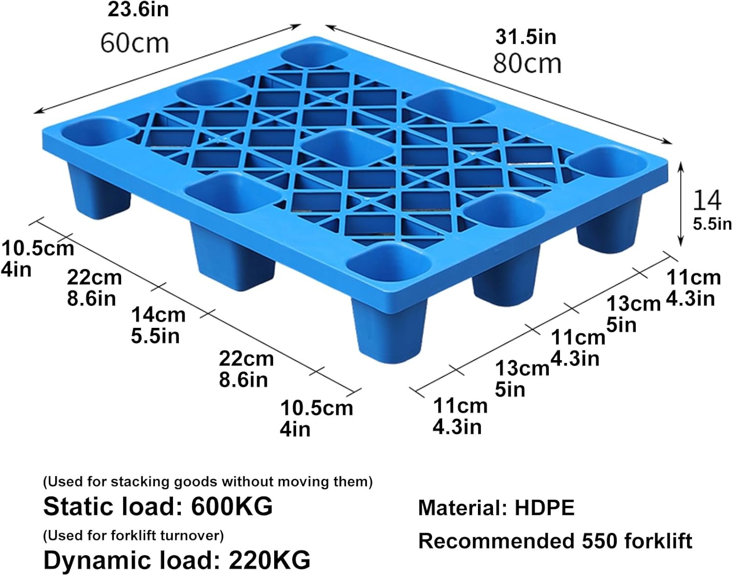 Blue Polyethylene Pallet, Plastic Pallet, Nestable Shipping Pallet, Breathable Grid Platform, Static Load 600kg/0.6T, Suitable for Warehouses, Factories, Workshops(39.3 * 23.6 * 4")