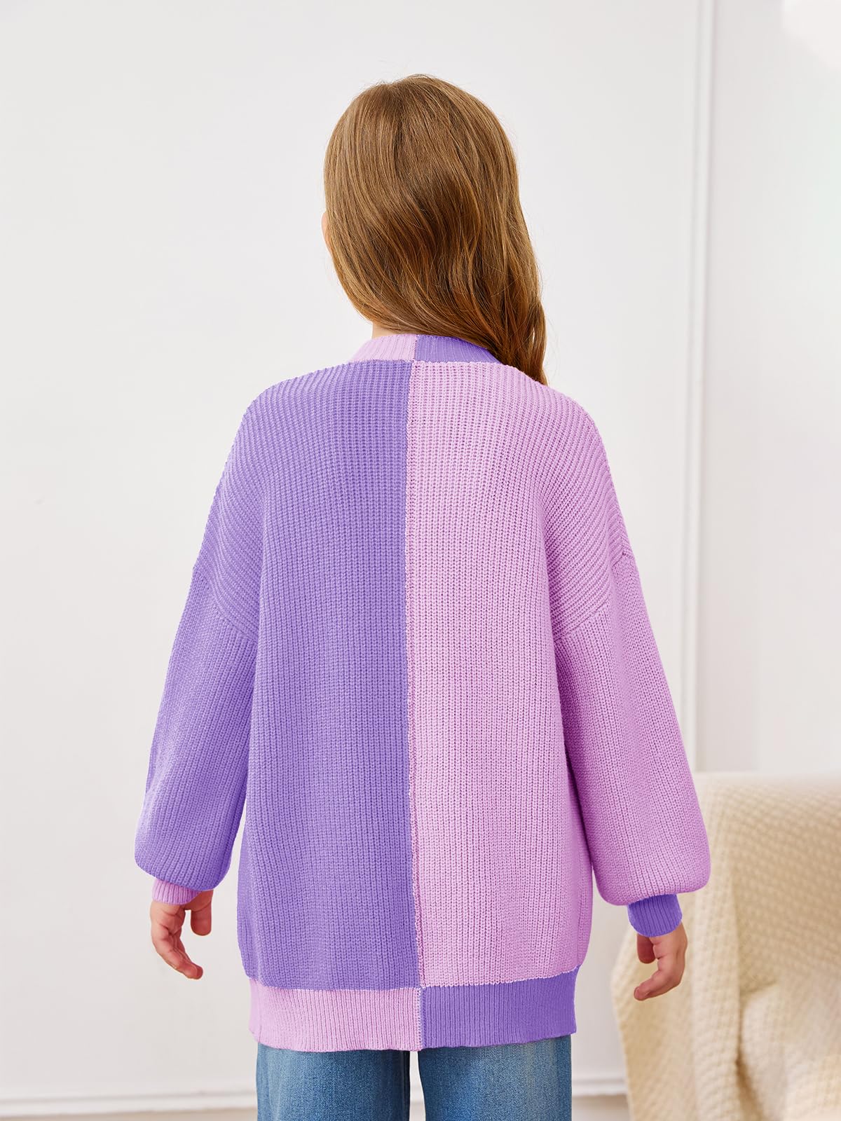 Haloumoning Cárdigan de manga murciélago de gran tamaño para niñas, a la moda, frente abierto, bloque de color, ropa exterior