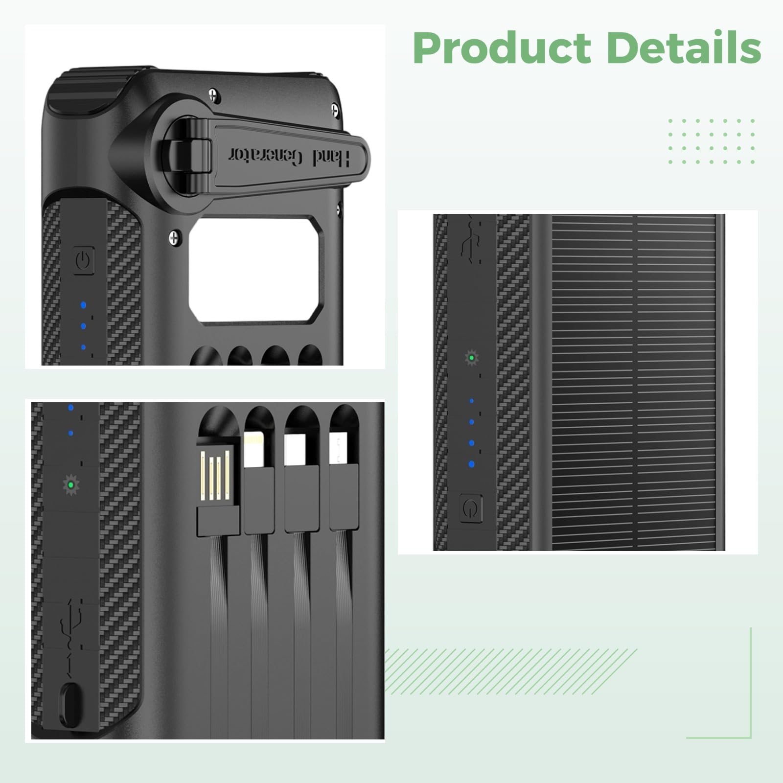 Power Bank da 20000 mAh, caricatore portatile con generatore a manovella, torcia a LED e luce da campeggio, ricarica rapida, 3 cavi di uscita, certificato UKCA per campeggio all'aperto