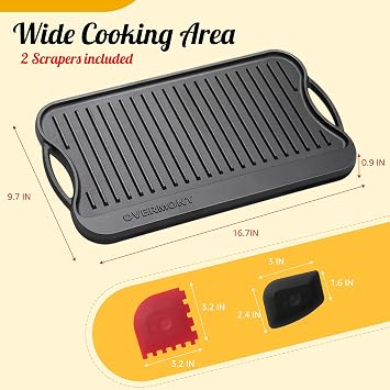 OVERMONT Pre-Seasoned Cast Iron Reversible Griddle Grill Pan with Handles for Gas Stovetop Open Fire Oven, 43.18 * 24.89CM (17x9.8) - One Tray, Scrapers Included