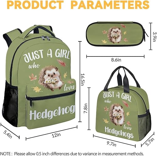 Miniatura 4 de Mochila de erizo con lonchera y estuche para lápices, bolsa de libros con temática de erizo de 16 pulgadas con correas ajustables, duradera, ligera,