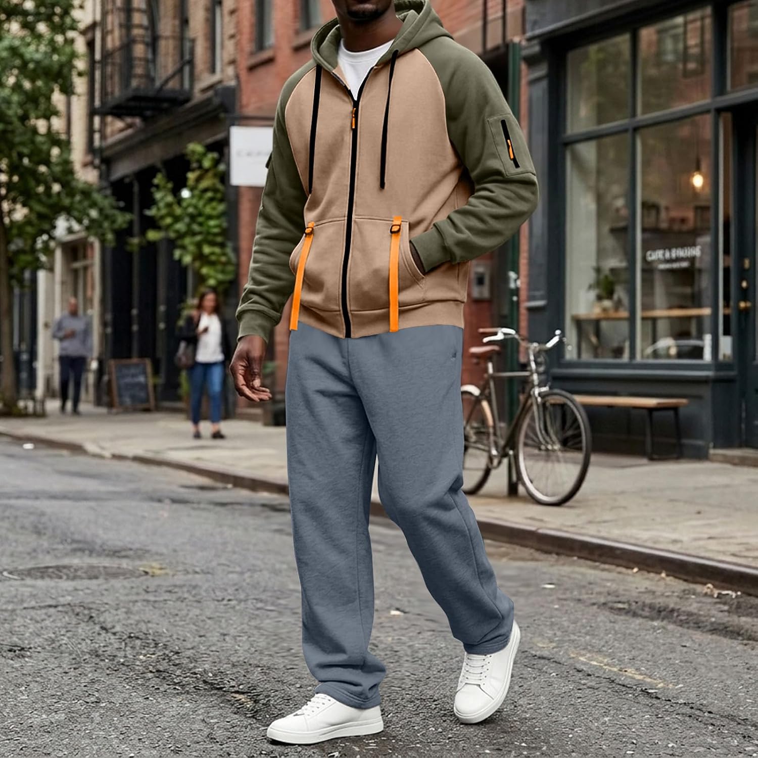 Fleece Mens Track Suits 2 Piece Raglan Sleeve Block multi-Pocket Warm Cardigan Straight Leg Sweatsuit