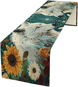 Dream Catcher Wolf Table Runner, Mystical Sunflower Floral Plants Dresser Scarf for Dining Table, Kitchen, Party Or Farmhouse Decor, 13" W x 36" L