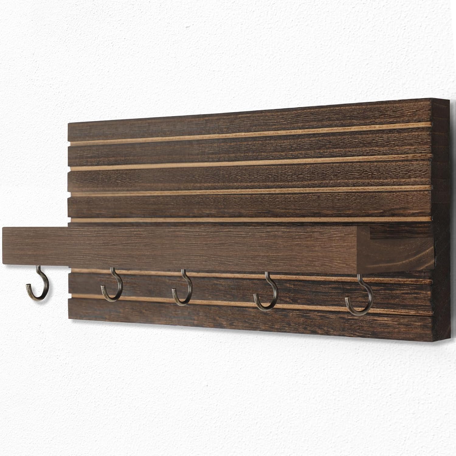 Lwenki Decorative Key Holder for Wall with Shelf, Entryway Shelf with Hooks Holds Leashes, Jackets and Glasses – Sturdy Wood Keyholder Entrance Hanger with Mounting Hardware (Brown, Medium) image 2