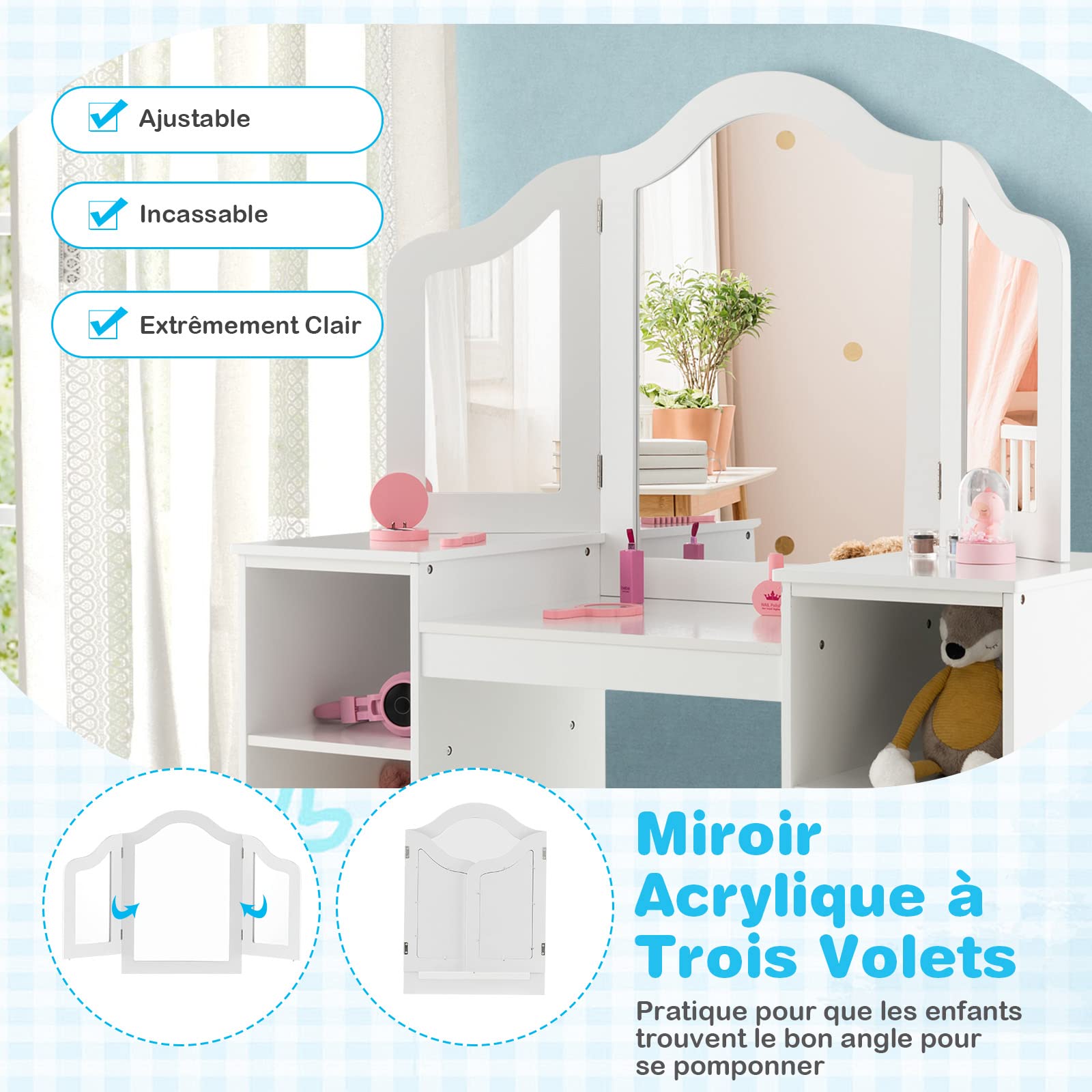 COSTWAY 2 en 1 Coiffeuse et Chaise Enfants avec Miroir Amovible à Trois Volets, Table de Maquillage Princesse avec 4 Compartiments de Stockage, 104x40x117cm pour Enfants de 3 Ans+…