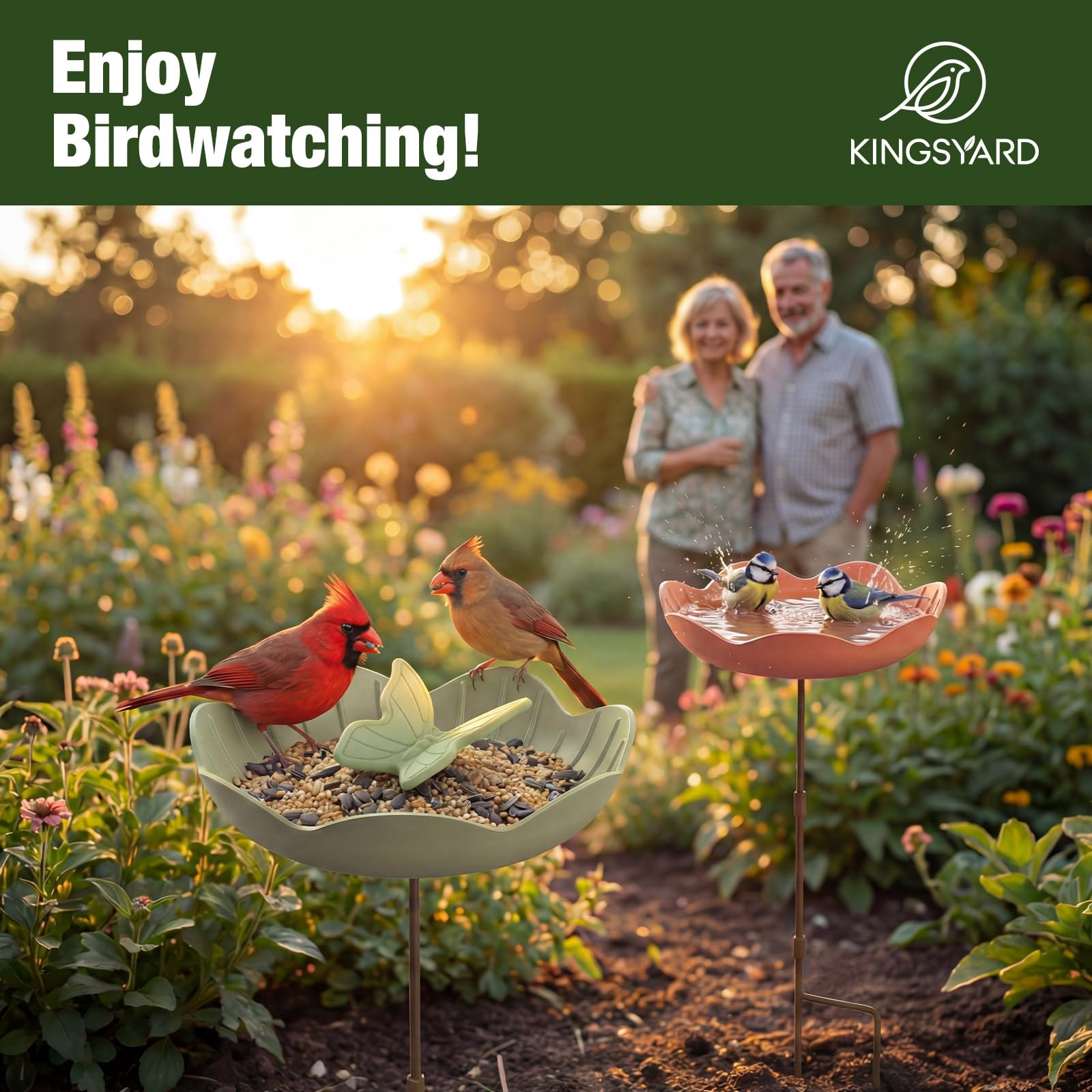 Kinsgyard - Paquete de 2 comederos para pájaros con poste ajustable, comedero para pájaros silvestres para decoración de jardín al aire libre, gran capacidad de semillas, fácil de limpiar y rellenar