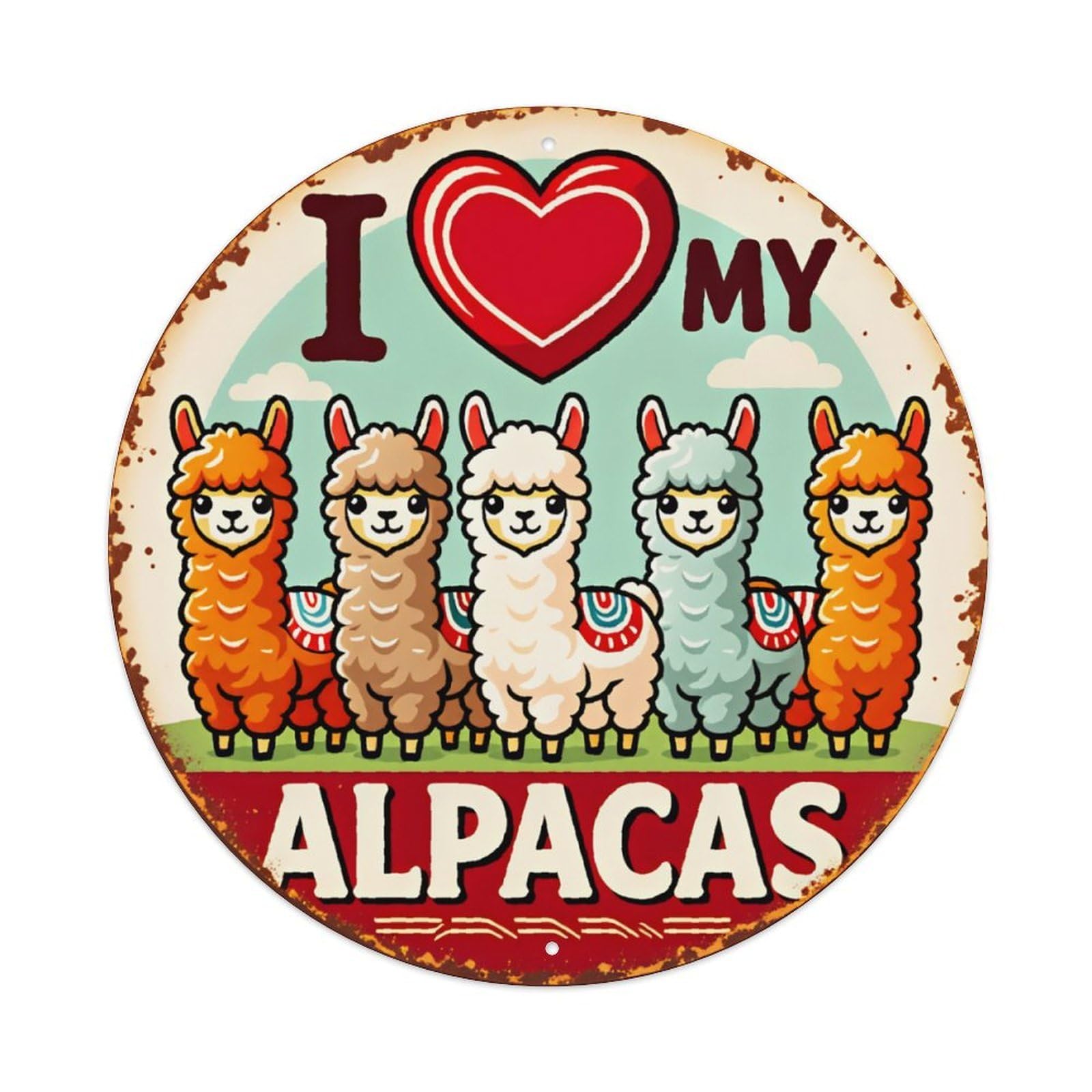 Vintage Alpaca Round Tin Sign Vintage Aluminium Metal Sign, Retro Wall Decor for Home, Bar, Garage & Farmhouse 20x20cm