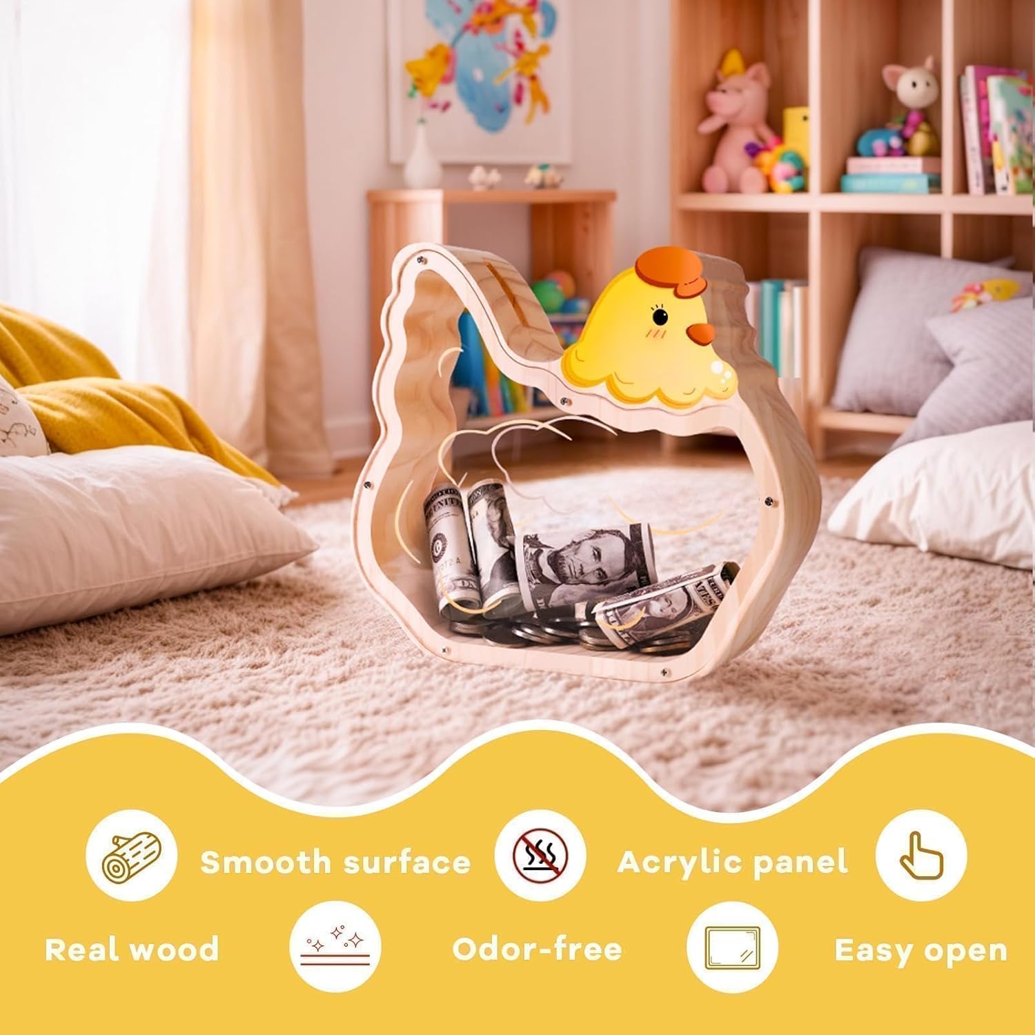 Wooden Chicken Piggy Bank for Kids, Unbreakable Pullet Chicken Coin Bank for Kids with Stickers, Wooden Cashbox Money Jar Gifts for Boys, Girls, Educational Toys for Boys, Girls, Home Decor