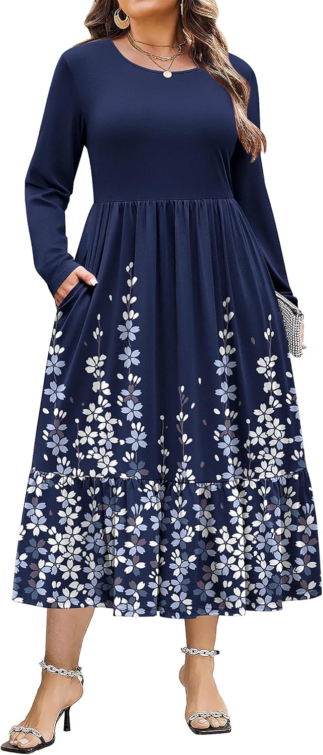 IN'VOLAND Women Plus Size Long Sleeve Dress Loose Casual Flowy Tiered Long Maxi Dresses with Pockets