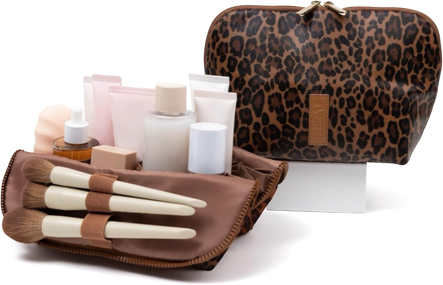 THE VERTI-Vertical Waterproof Makeup & Toiletry Bag | 23-Pocket Organizer with Upright, Fold-Down Design for Skincare, Toiletries & Essentials (Leopard, Large)
