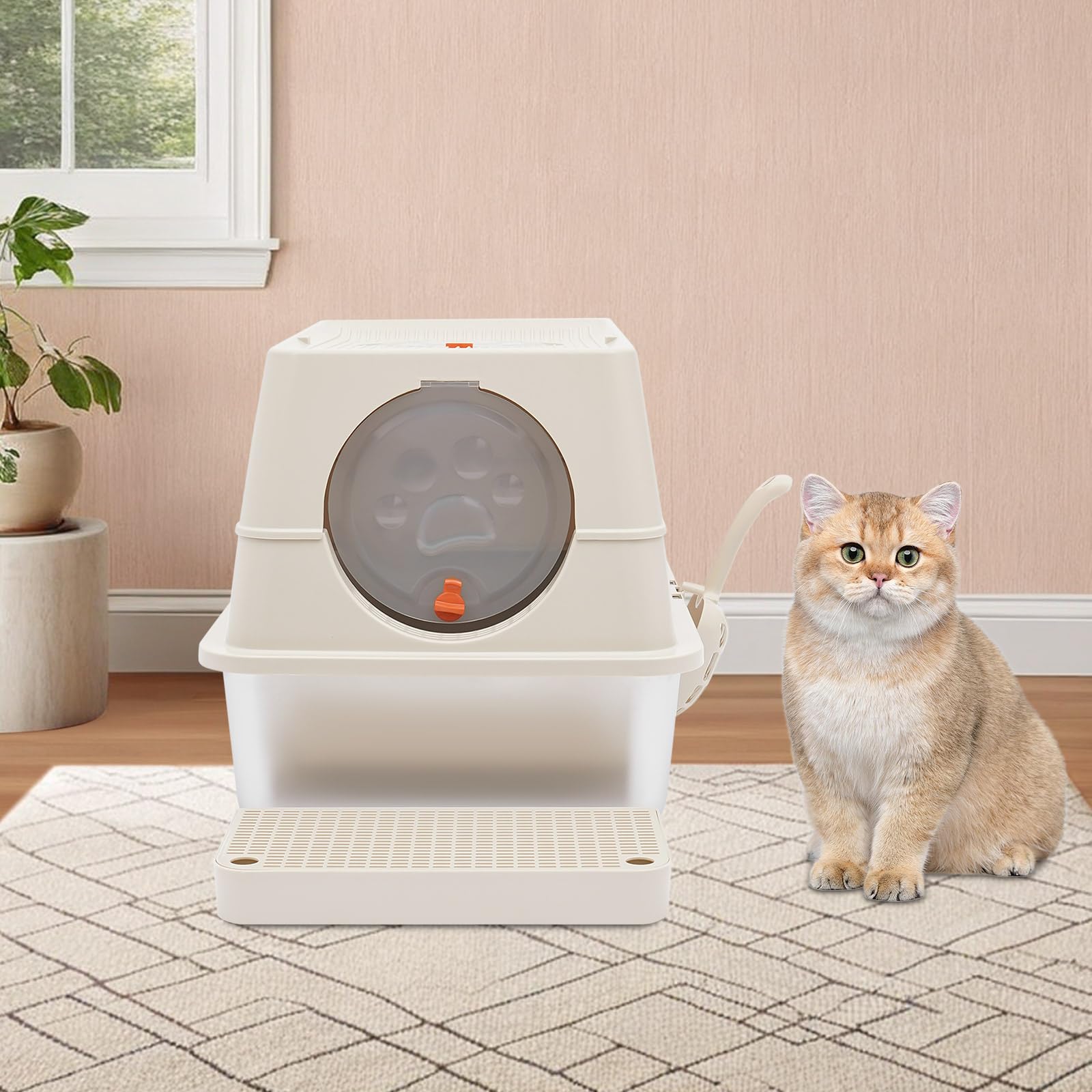 Lettiera chiusa per gatti da 28 l, 60 x 40 x 39 cm, con filtro antiodore e cuscinetti antiscivolo, lettiera per gatti di grandi dimensioni fino a 10 kg, cachi