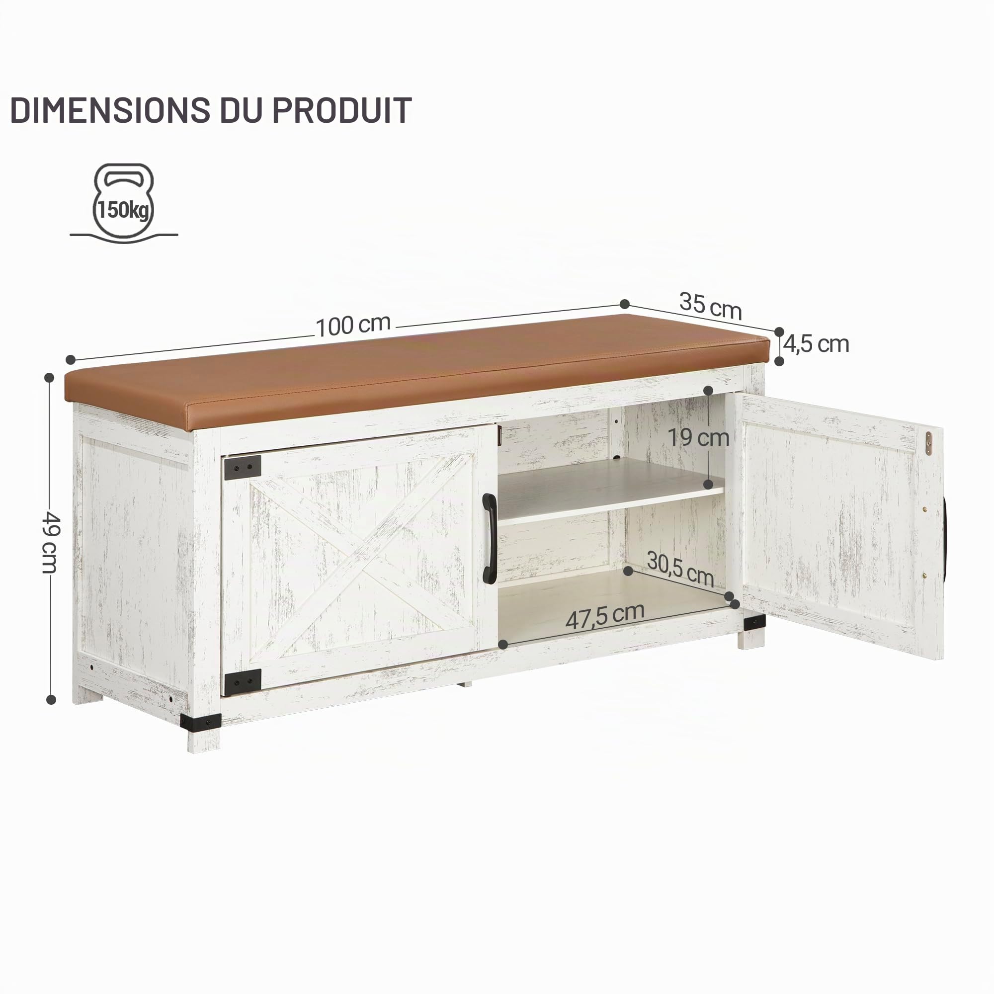 Hzuaneri Banc à Chaussures 2 Portes, Rétro Marron-Blanc, 35 x 100 x 49 cm | Banc d'entrée, Meuble Chaussure Entrée, Gagnez de l'espace, Convient pour Hall d'entrée, Entrée et Chambre, SB26614KA